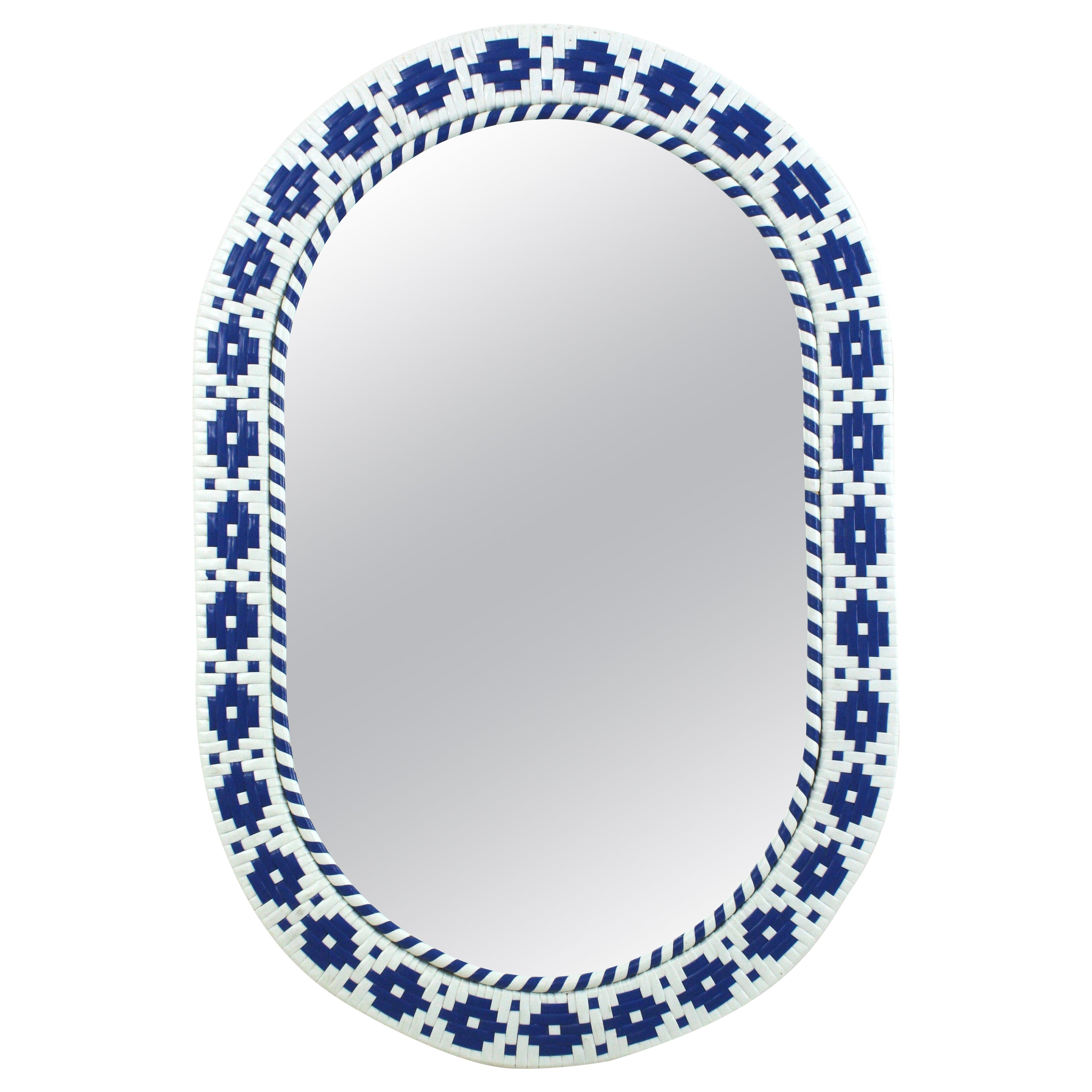Midcentury Blue and White Woven Oval Mirror