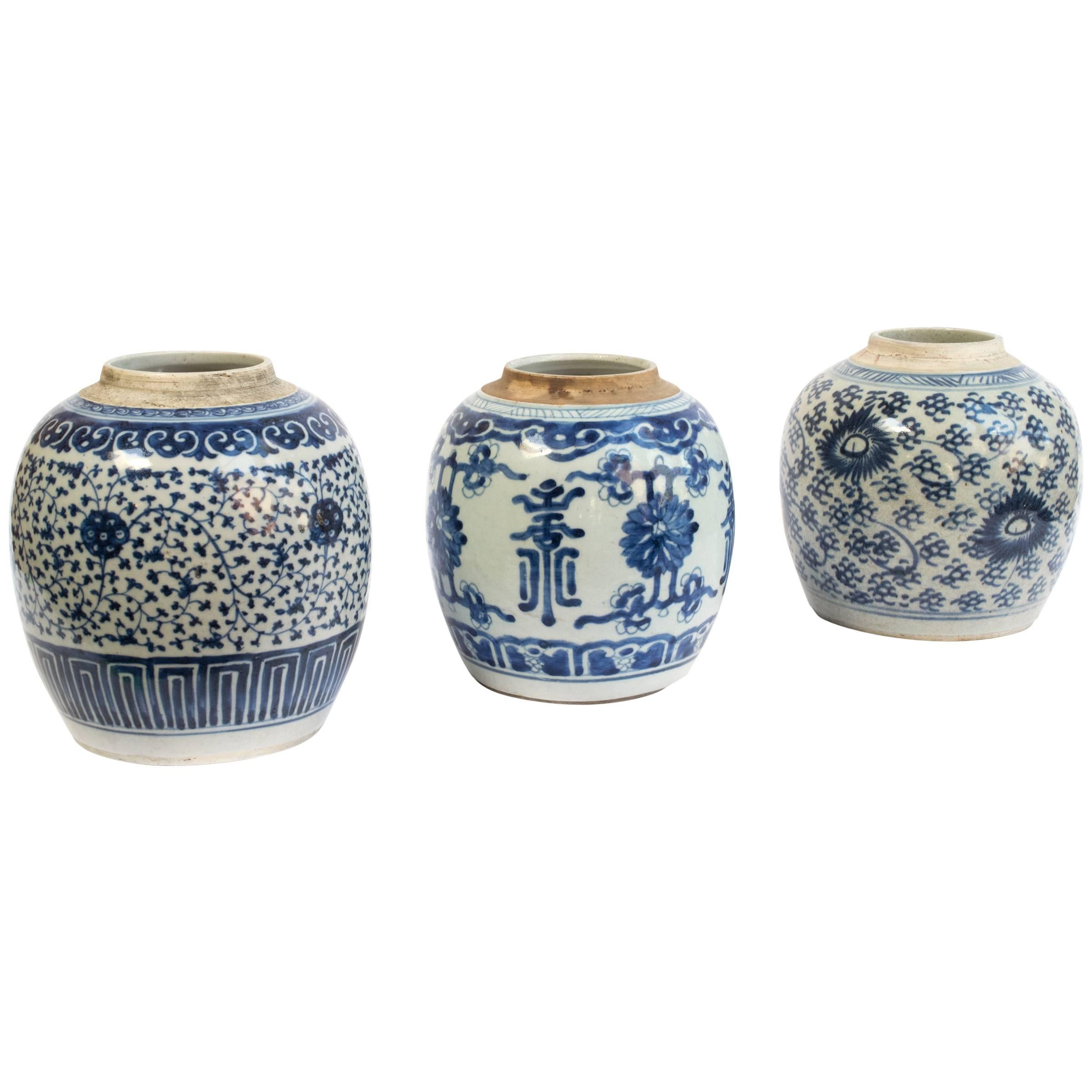 Set of Three 19th Century Chinese Blue and White Porcelain Jars, Southern China