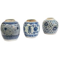 Antique Set of Three 19th Century Chinese Blue and White Porcelain Jars, Southern China