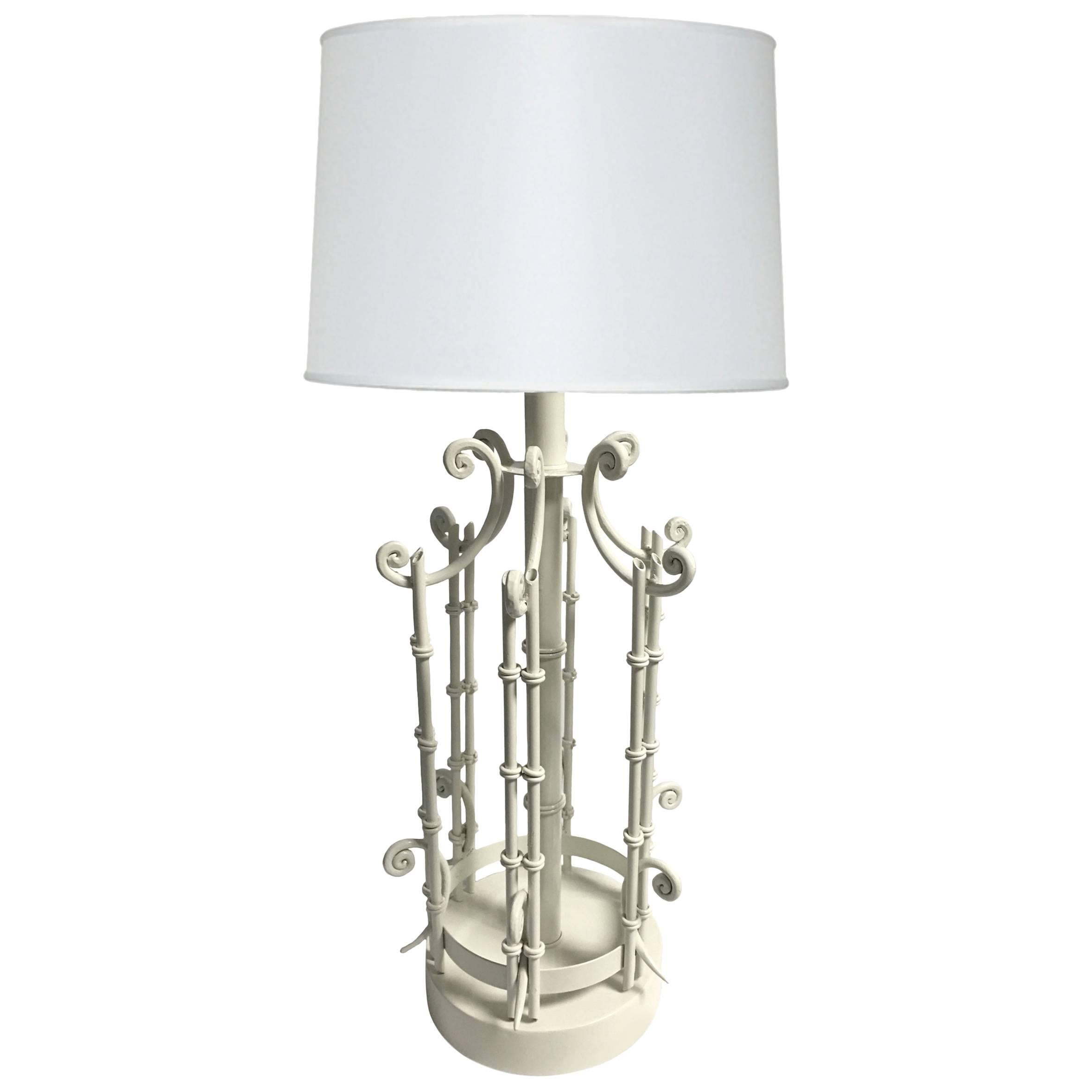 Large Chinoiserie Faux Bamboo White Metal Table Lamp