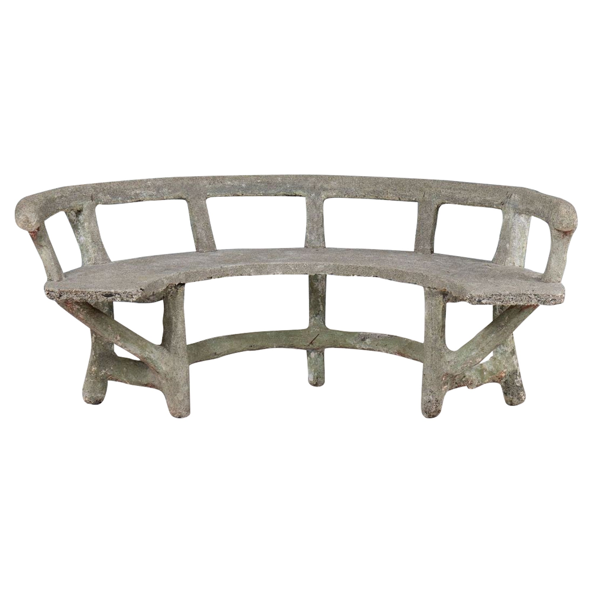 Antique French Faux Bois Concrete Demi Lune Garden Bench