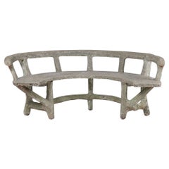 Antique French Faux Bois Concrete Demi Lune Garden Bench