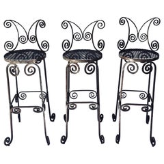 Vintage Set of Three Hand Wrought Iron Scrollwork Bar Stools