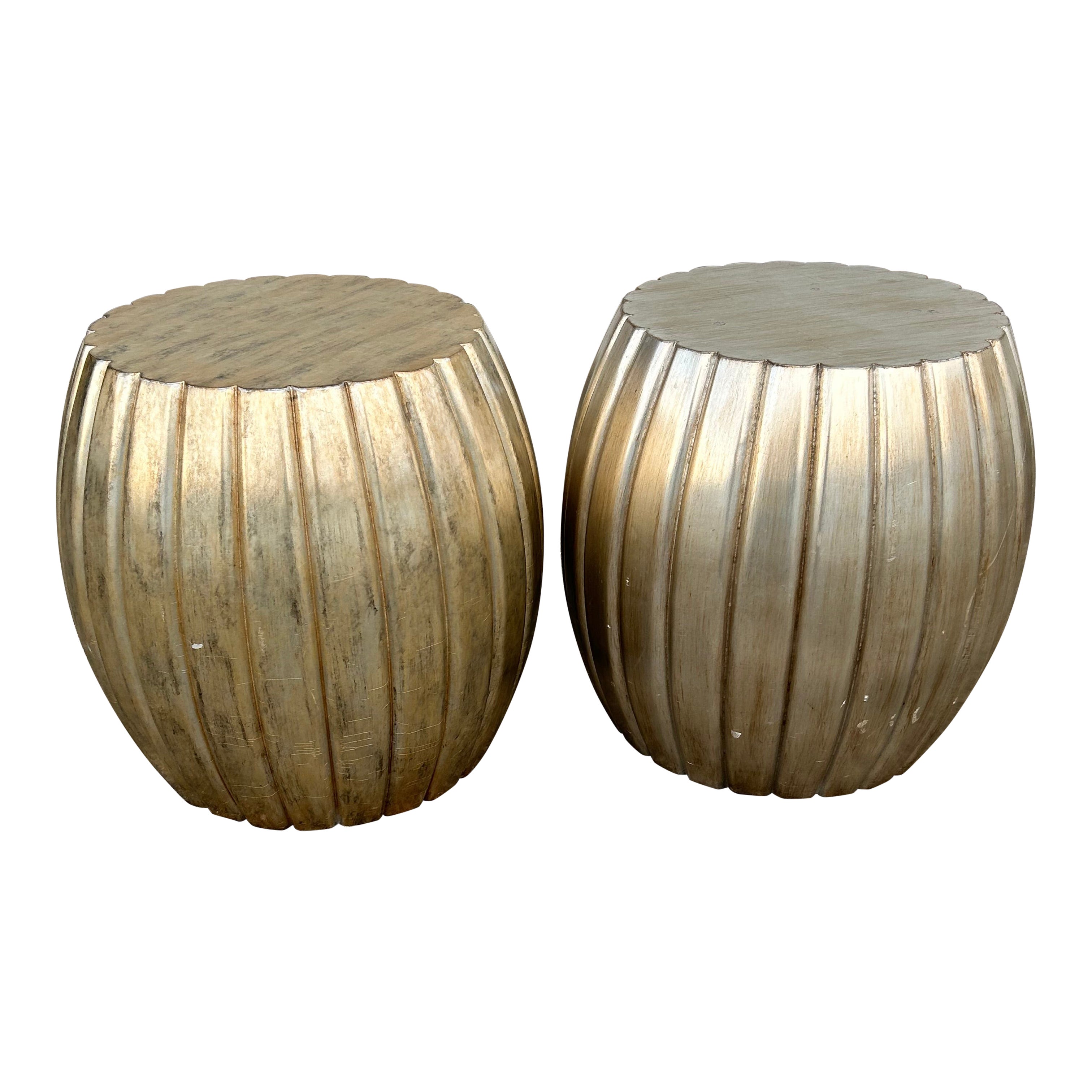 Pair of Pleated Silver Leaf Drum Accent Tables