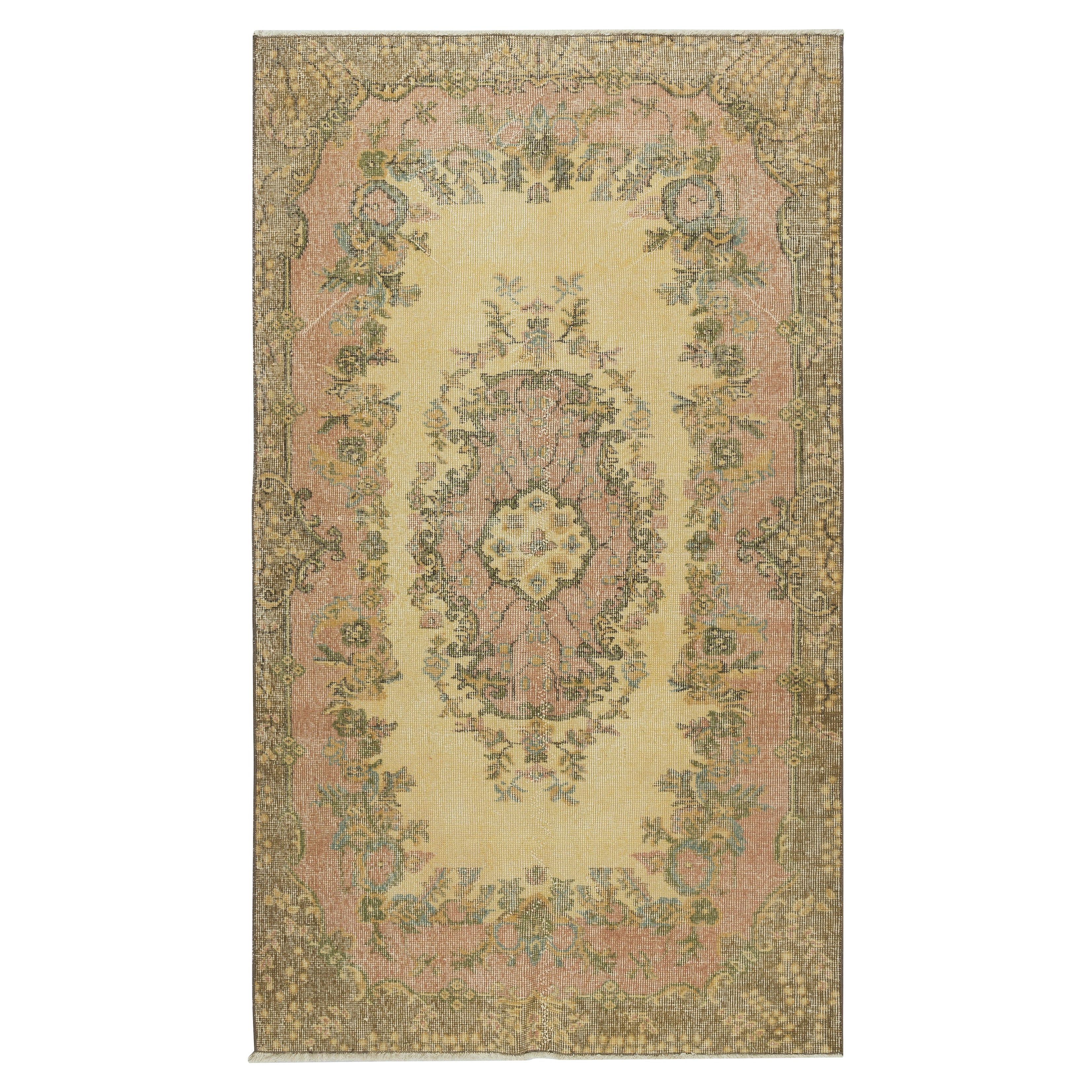 4 x 6,7 pieds Tapis d'intérieur turc vintage fait à la main de couleur jaune pour intérieurs modernes
