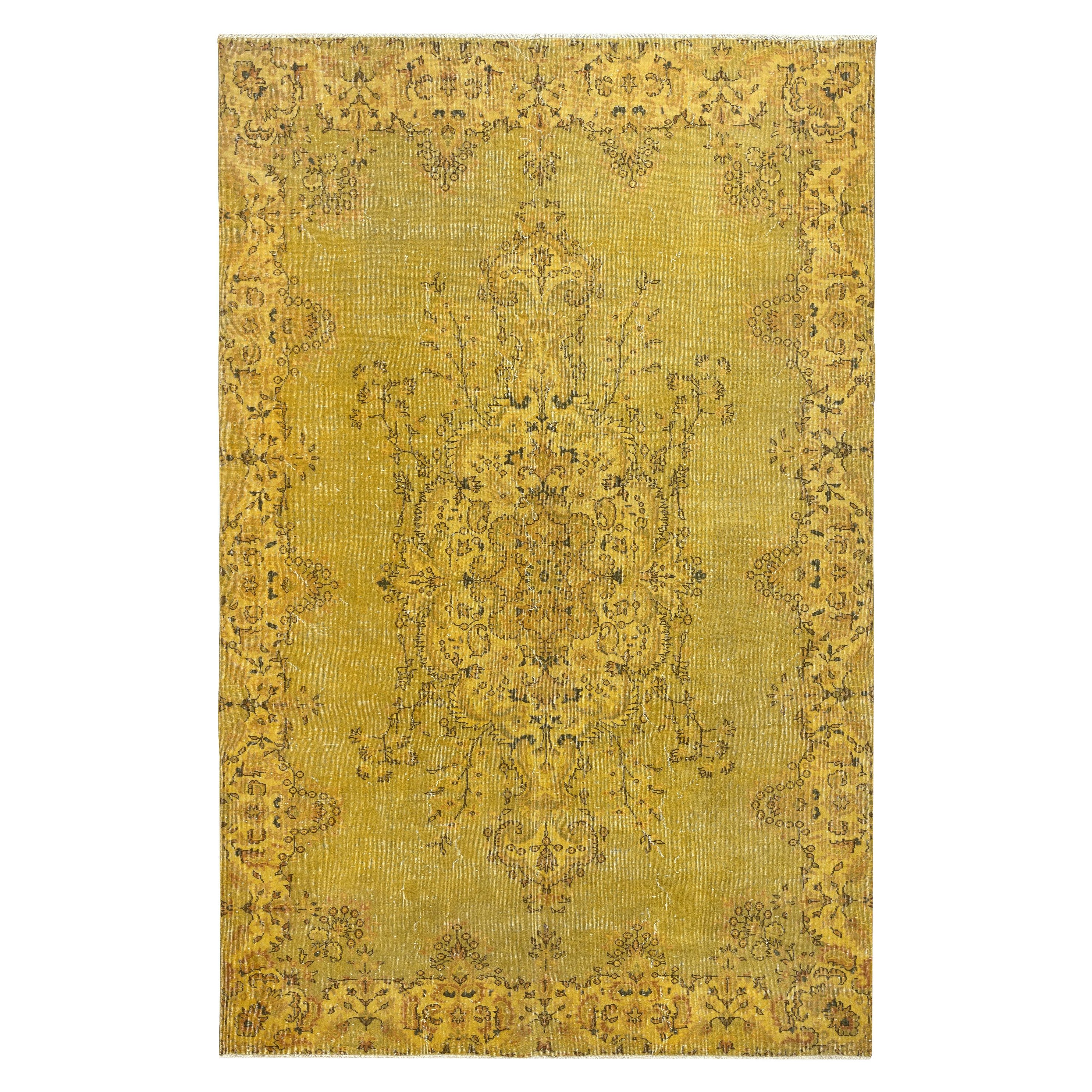 7x10.8 Ft Yellow Hand Knots Rugs. Grand tapis à motif de médaillon