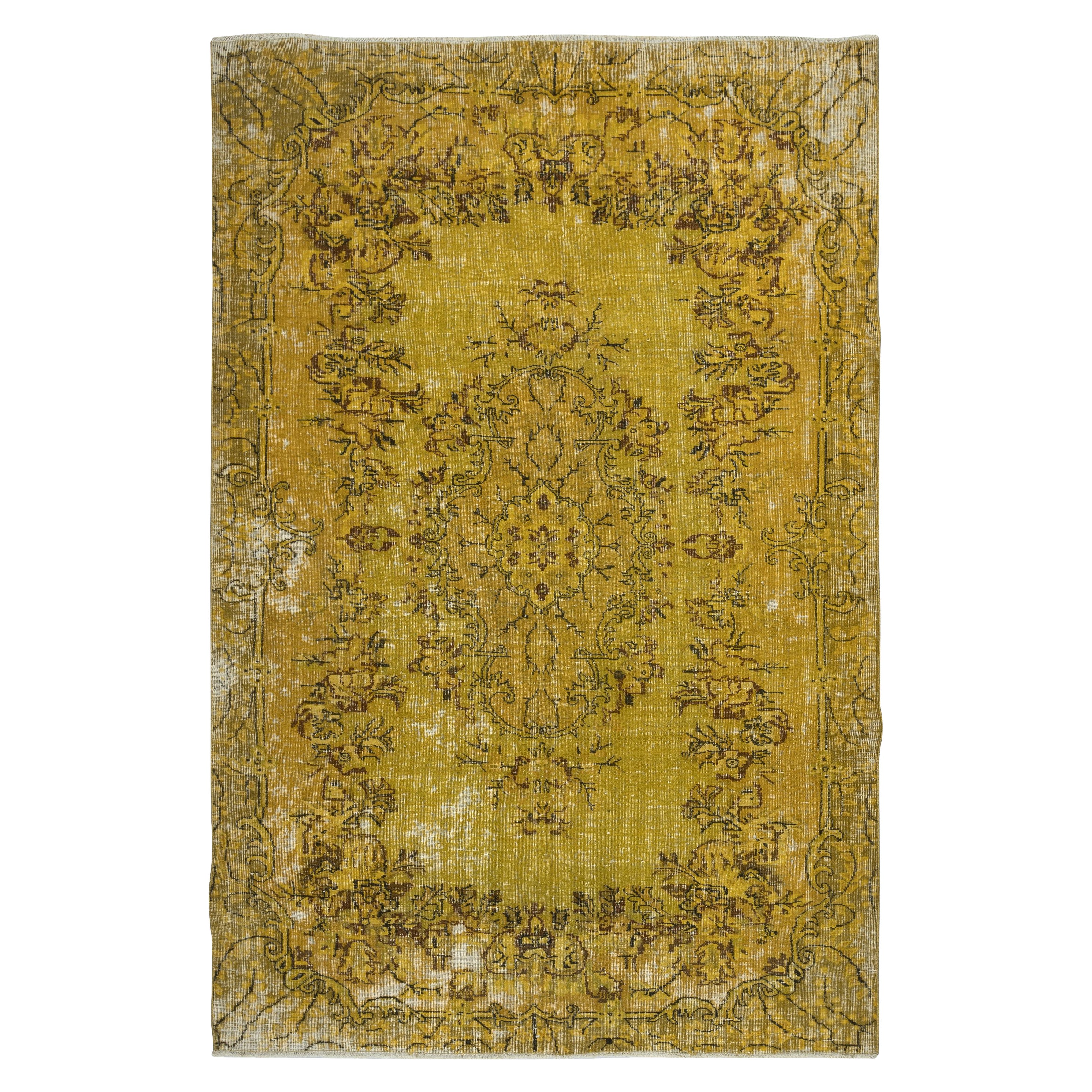 6.5x10 Ft Vintage Distressed Turkish Rug re-dyed in Yellow for modern interiors For Sale