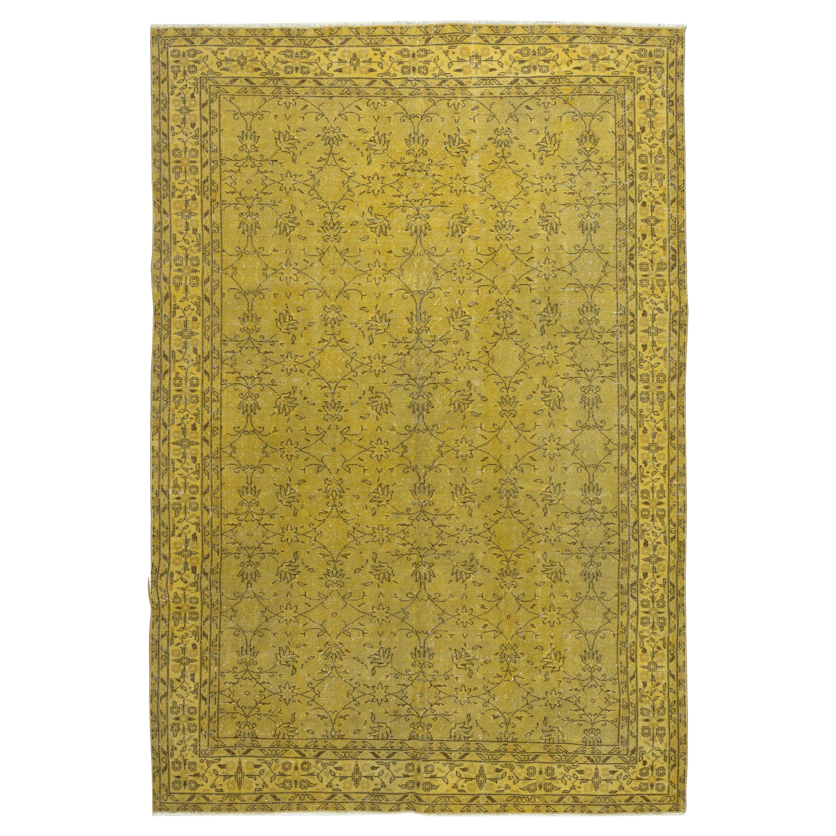 7x10 Ft Vintage Handmade Turkish Floral Patterned Rug Re-dyed in Yellow Color