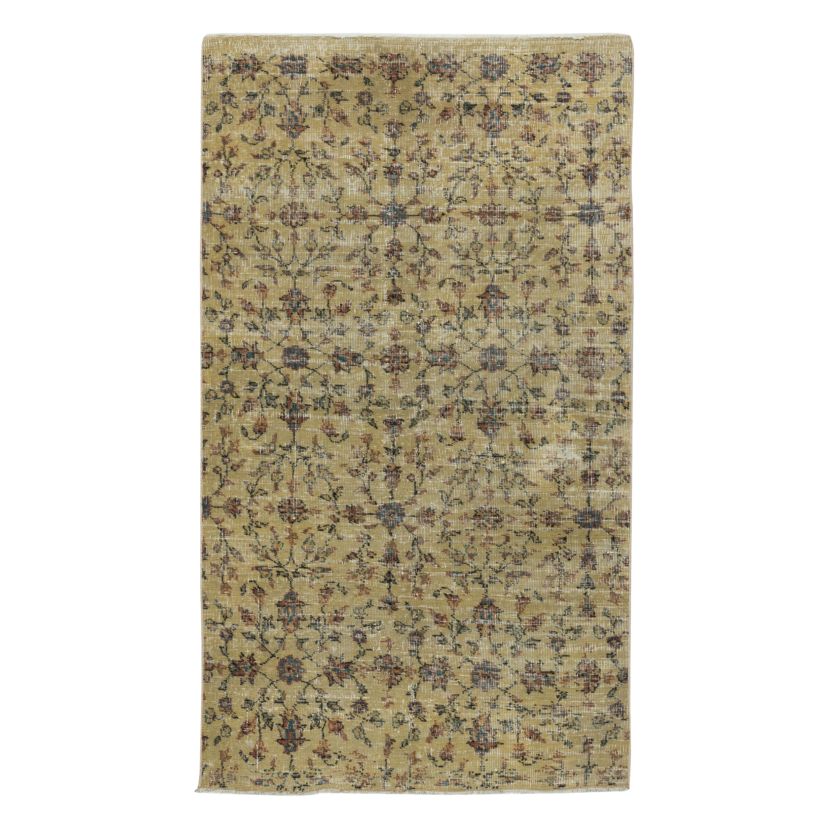 3.5x6 Ft Vintage Handmade Floral Patterned Turkish Accent Rug in Yellow Color