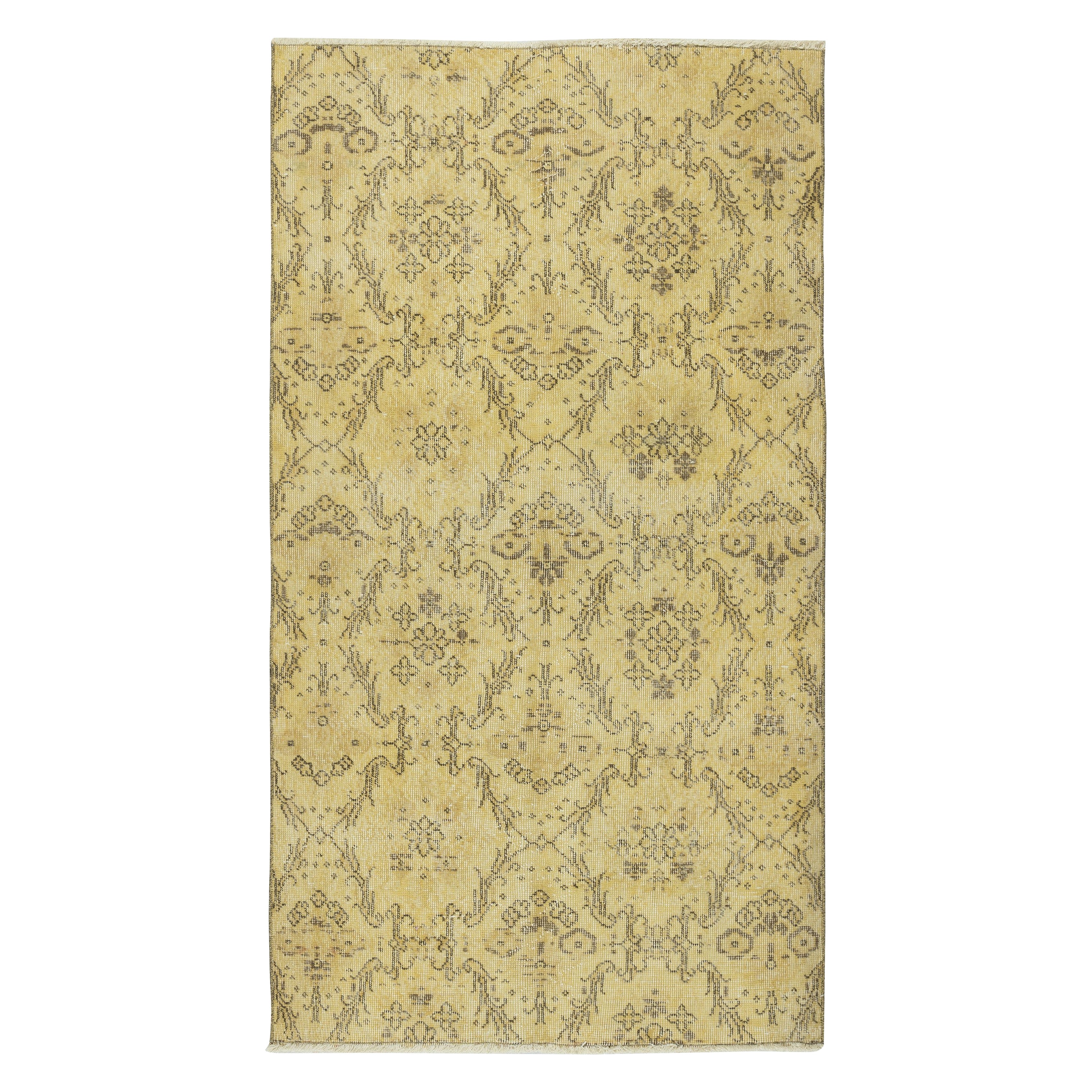 3.8x6.6 Ft Vintage Handmade Floral Turkish Accent Rug Dyed in Yellow Color