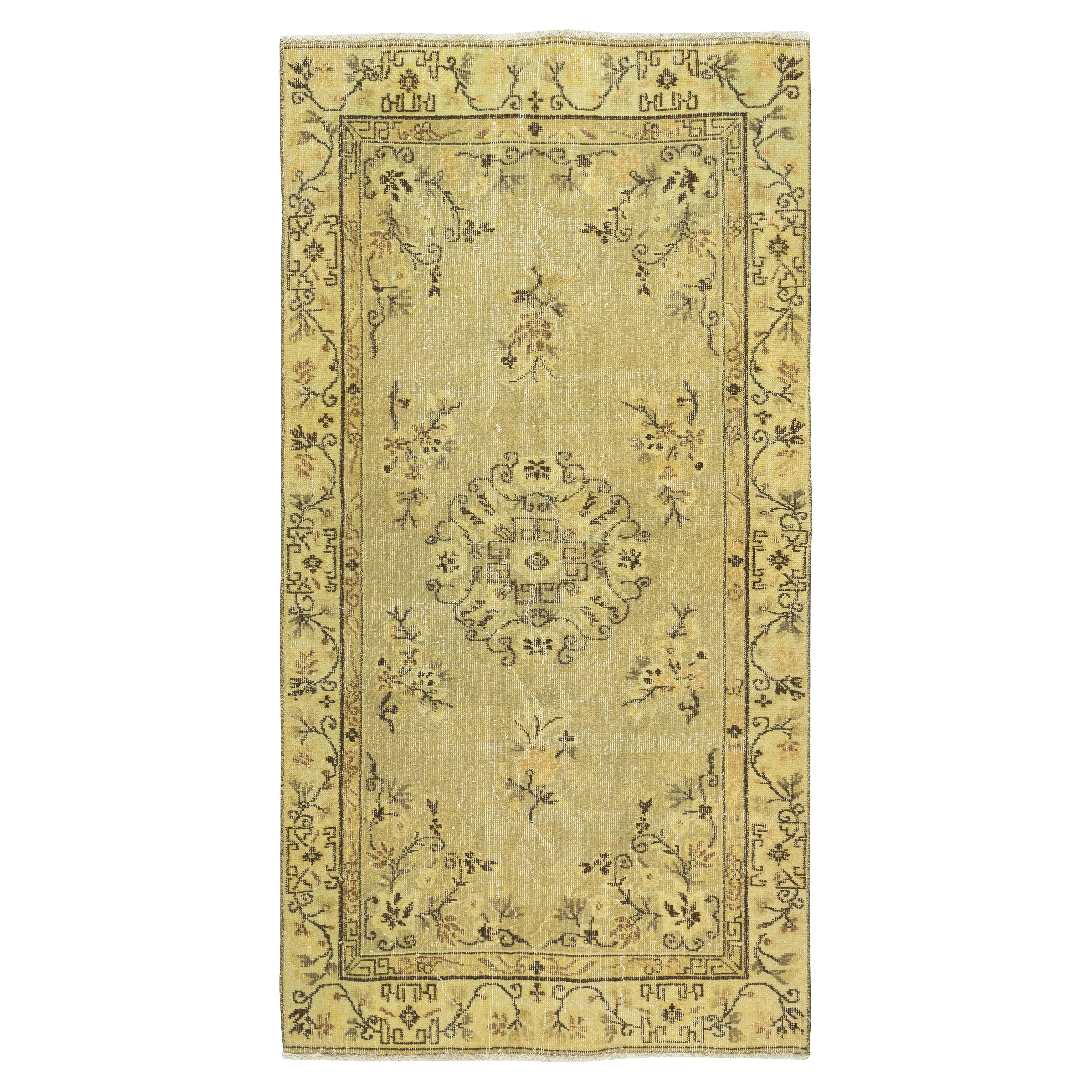 3.6x6.8 Ft One of a pair Handmade Yellow Color Turkish Rug with Art Deco Design For Sale