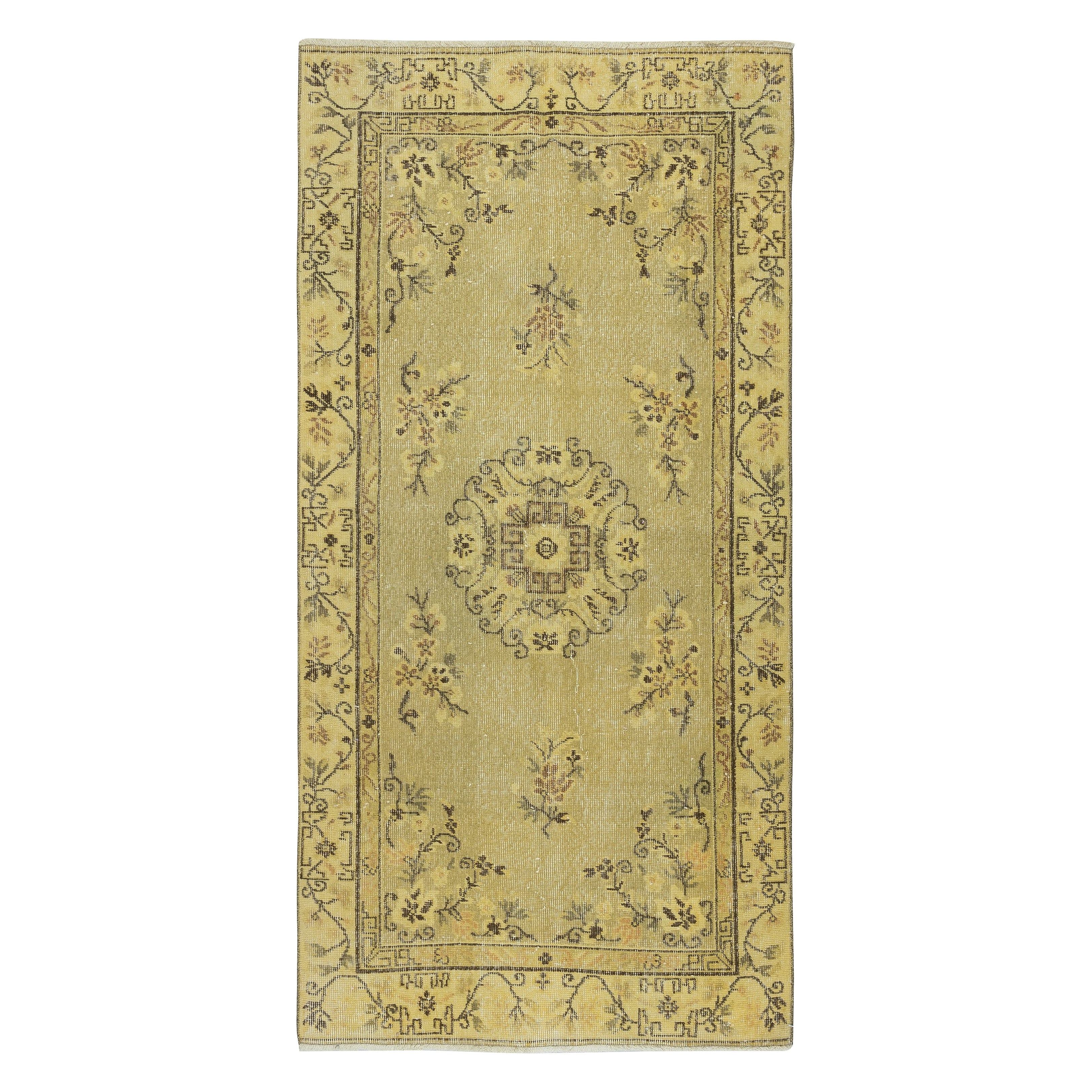 3.7x7 Ft One of a pair Handmade Yellow Turkish Wool Rug with Art Deco Design