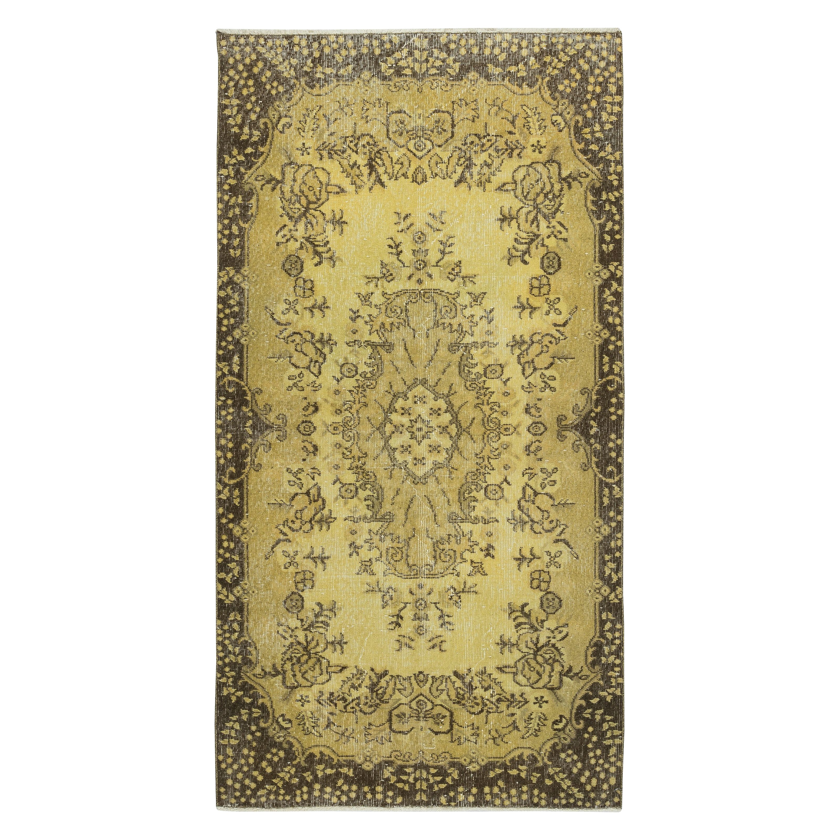 3.8x7 Ft Vintage Turkish Area Rug redyed in Yellow Color for modern interiors
