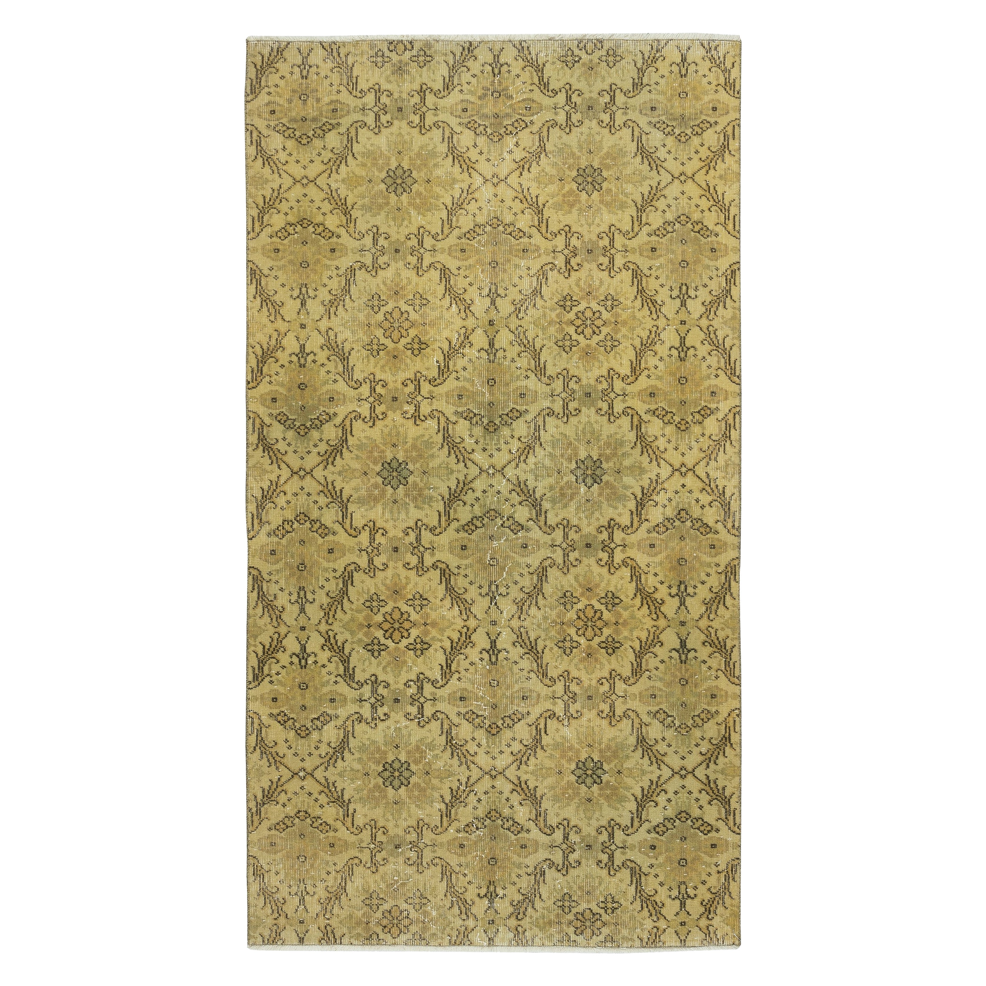 Tappeto turco contemporaneo a motivi floreali fatto a mano di 4x7.4 Ft in colore giallo