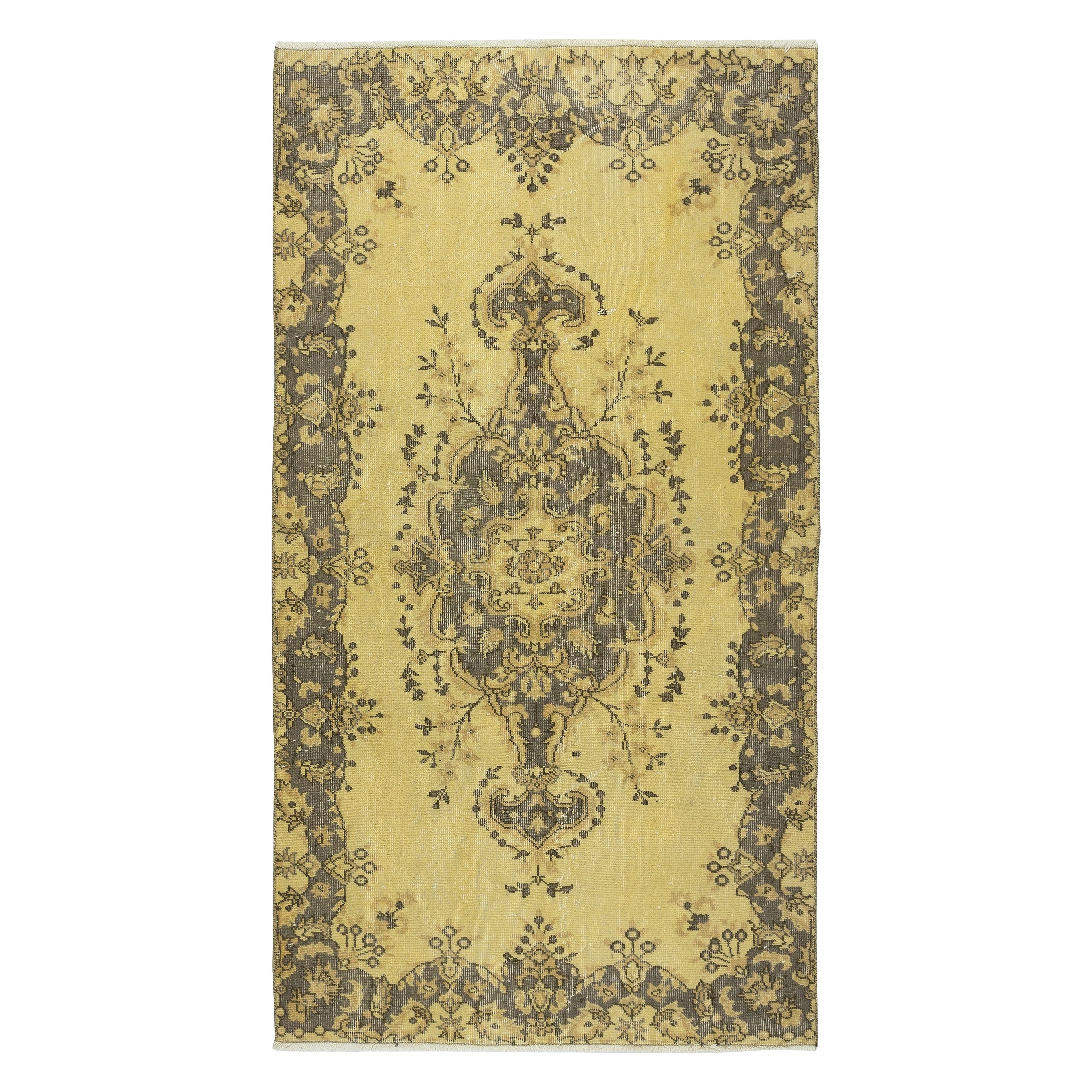 3.8x7 Ft Decorative Handmade Turkish Area Rug in Yellow with Medallion Design