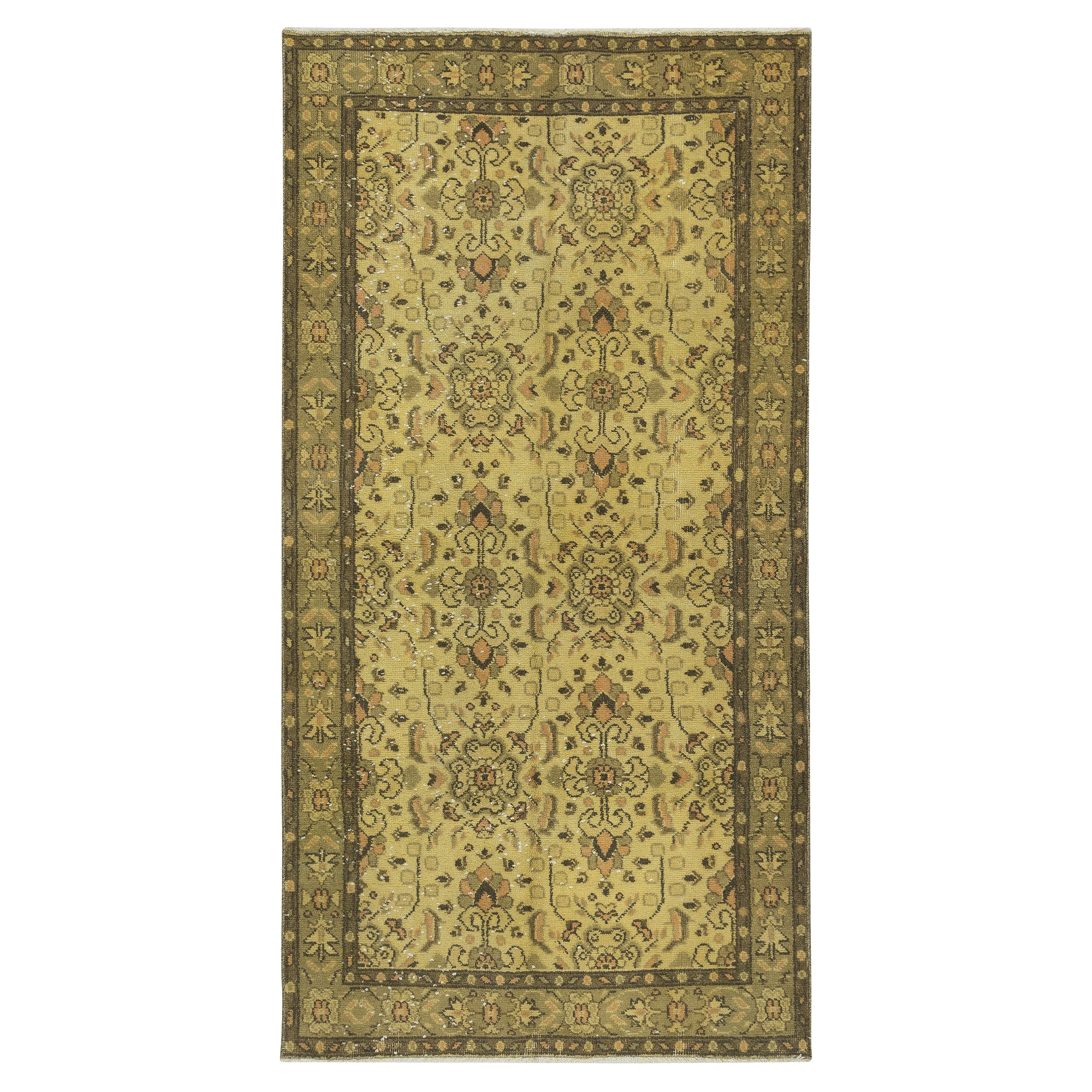 3.5x6.8 Ft Vintage Handmade Turkish Floral Rug dyed in Yellow 4 Modern Interiors