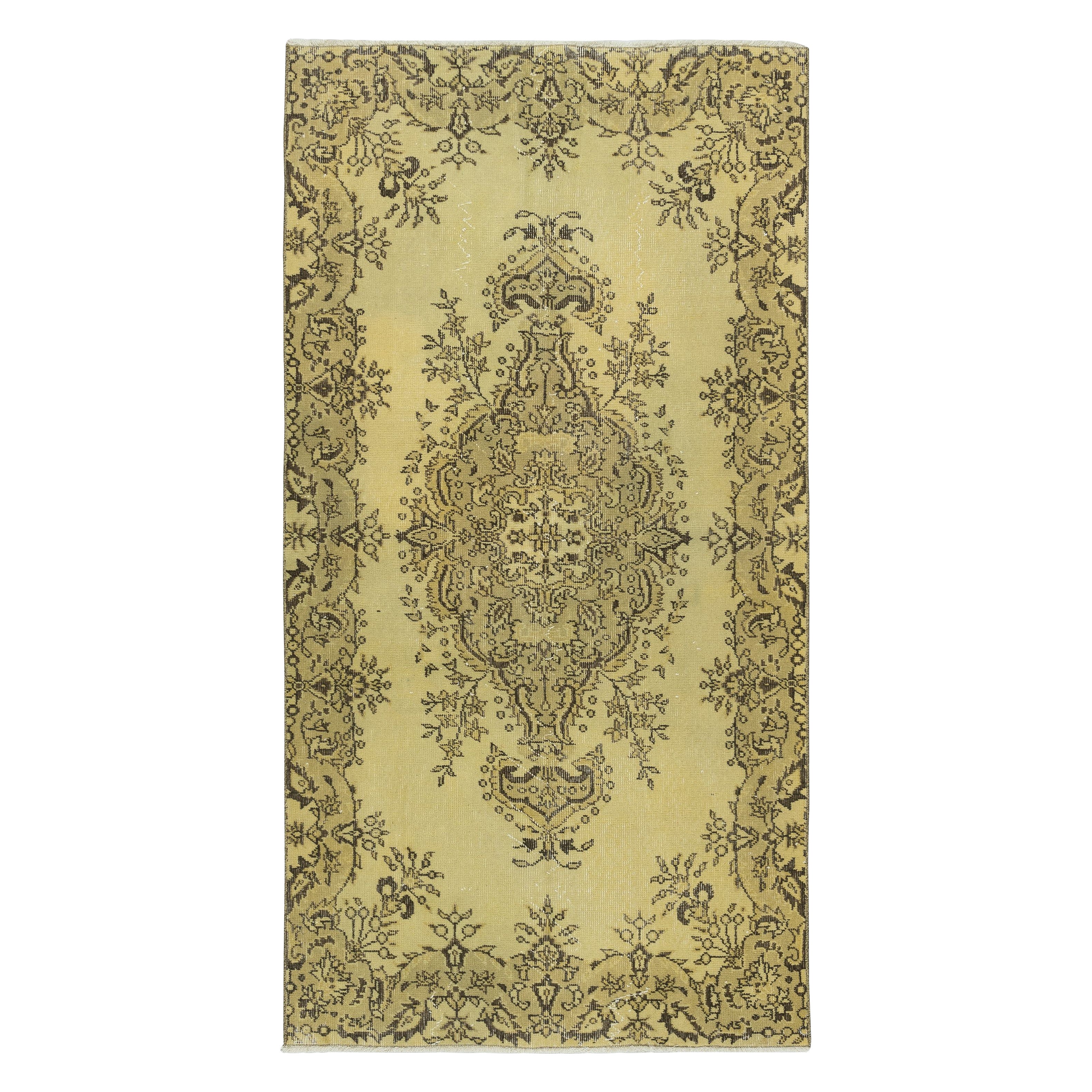 3.7x7 Ft Modern Handmade Turkish Wool Area Rug in Yellow with Medallion Design