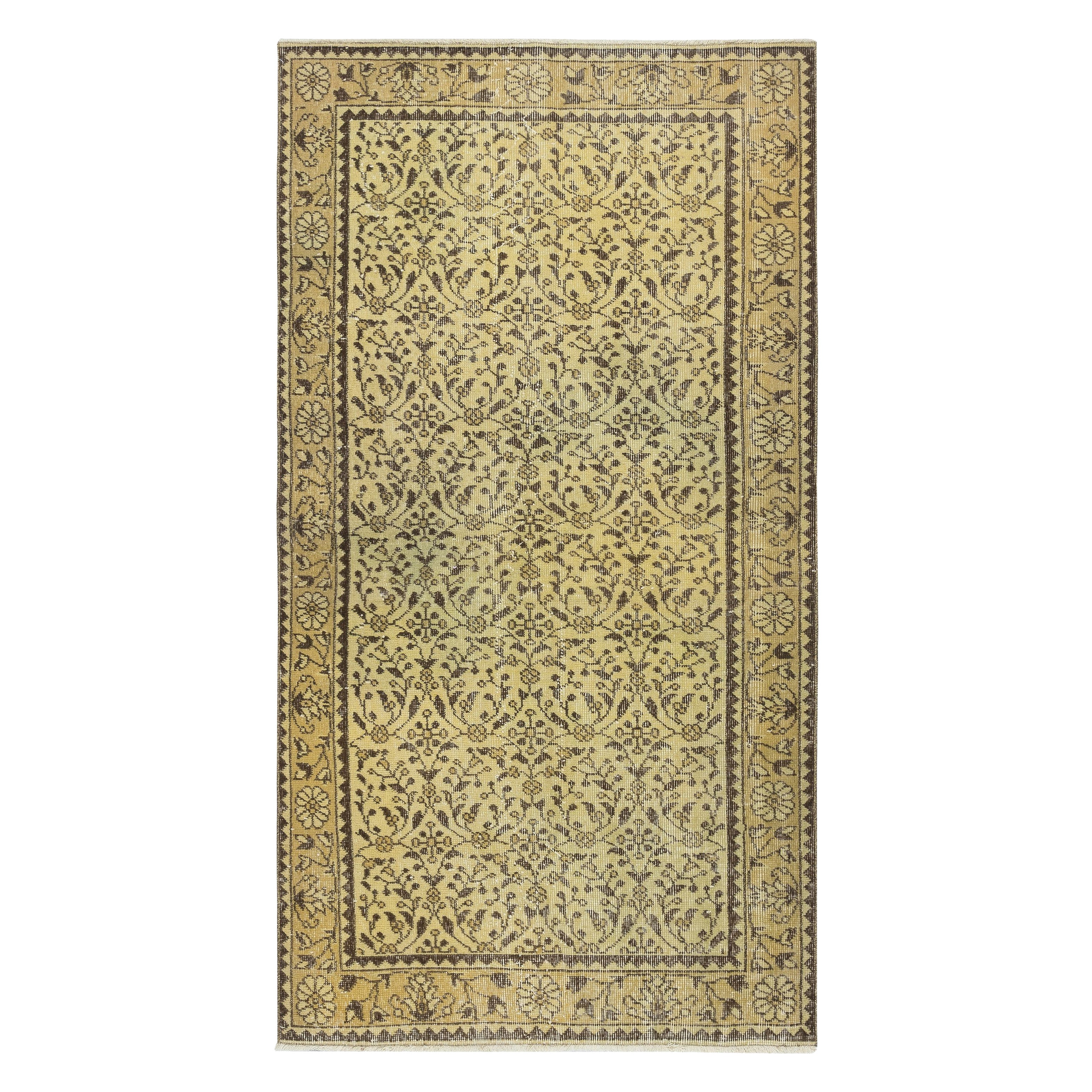 3.7x7 Ft Modern Handmade Turkish Wool Area Rug in Yellow with Floral Design