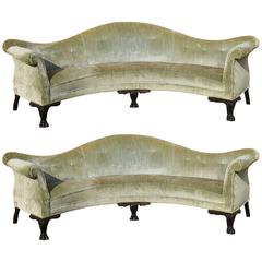 Matching Pair of Unusual, Monumental Queen Anne Curved Sofas