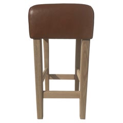 Oak and Cognac Saddle Leather Bar Stool in the Style of Jean-Michel Frank