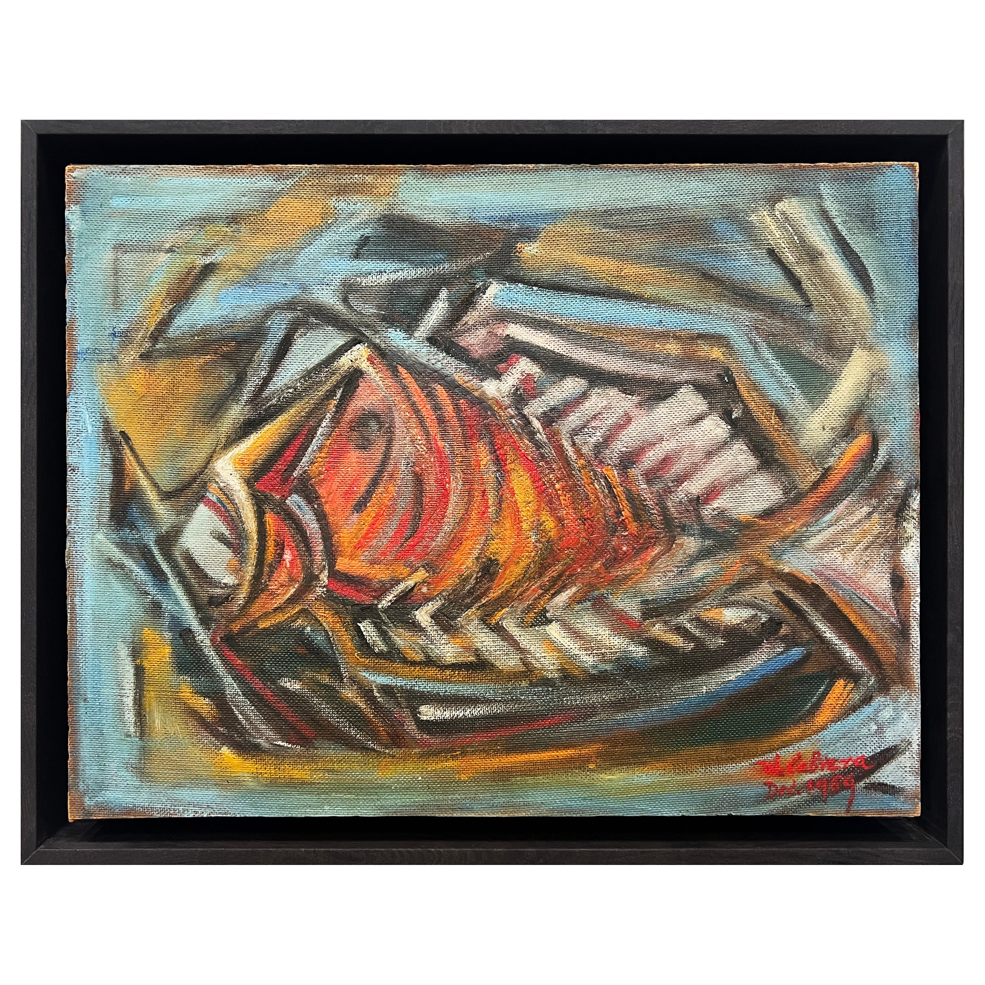 1959 Latin American School Abstract Cubist Fish Painting, W. Cabrera For Sale