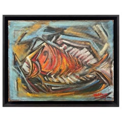 Peinture cubiste abstraite de poissons de l'école latino-américaine, W. Cabrera, 1959