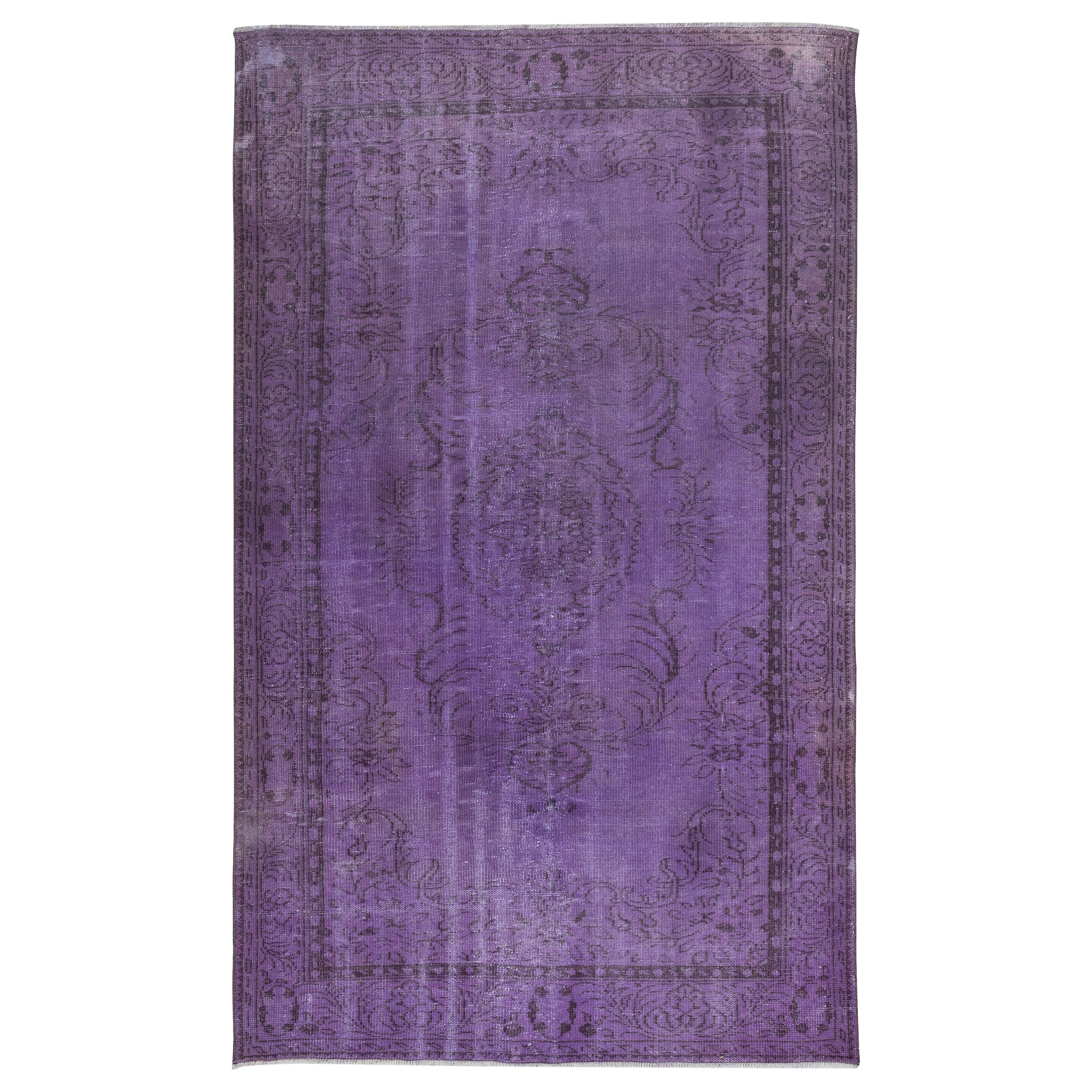 5.8x9.6 Ft Vintage Turkish Area Rug redyed in Purple Color for modern interiors