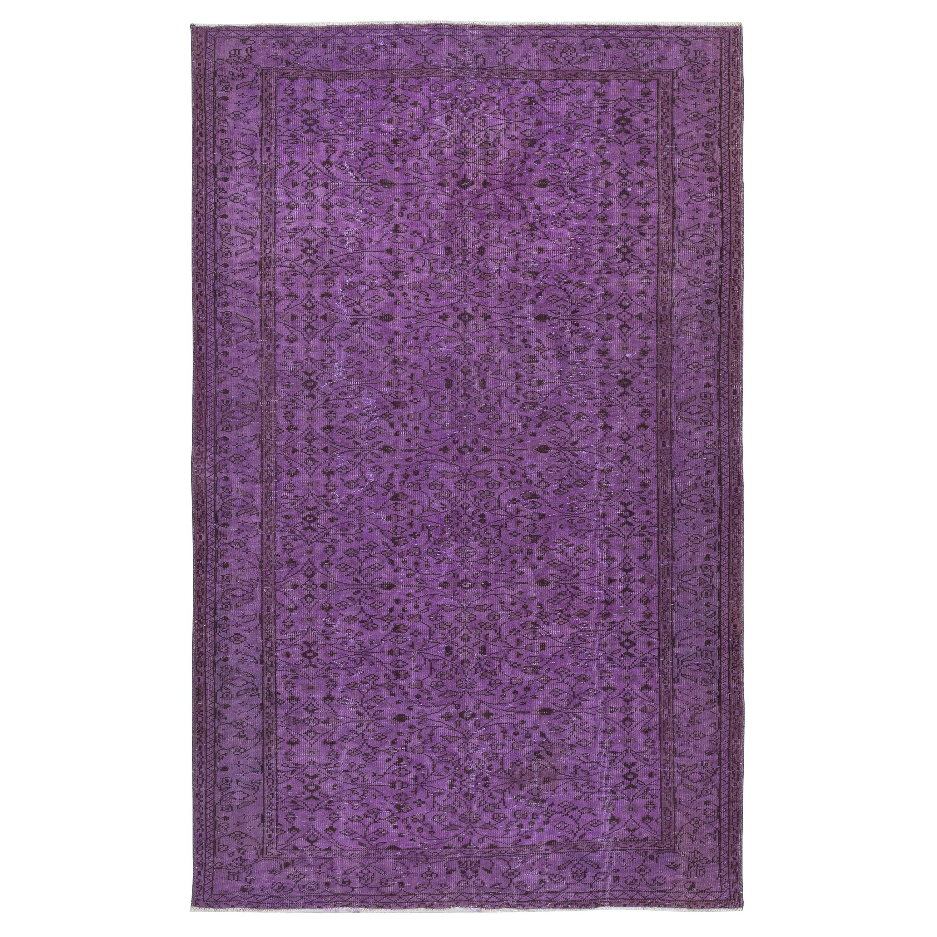 6x9.5 Ft Vintage Turkish Area Rug redyed in Purple Color for modern interiors