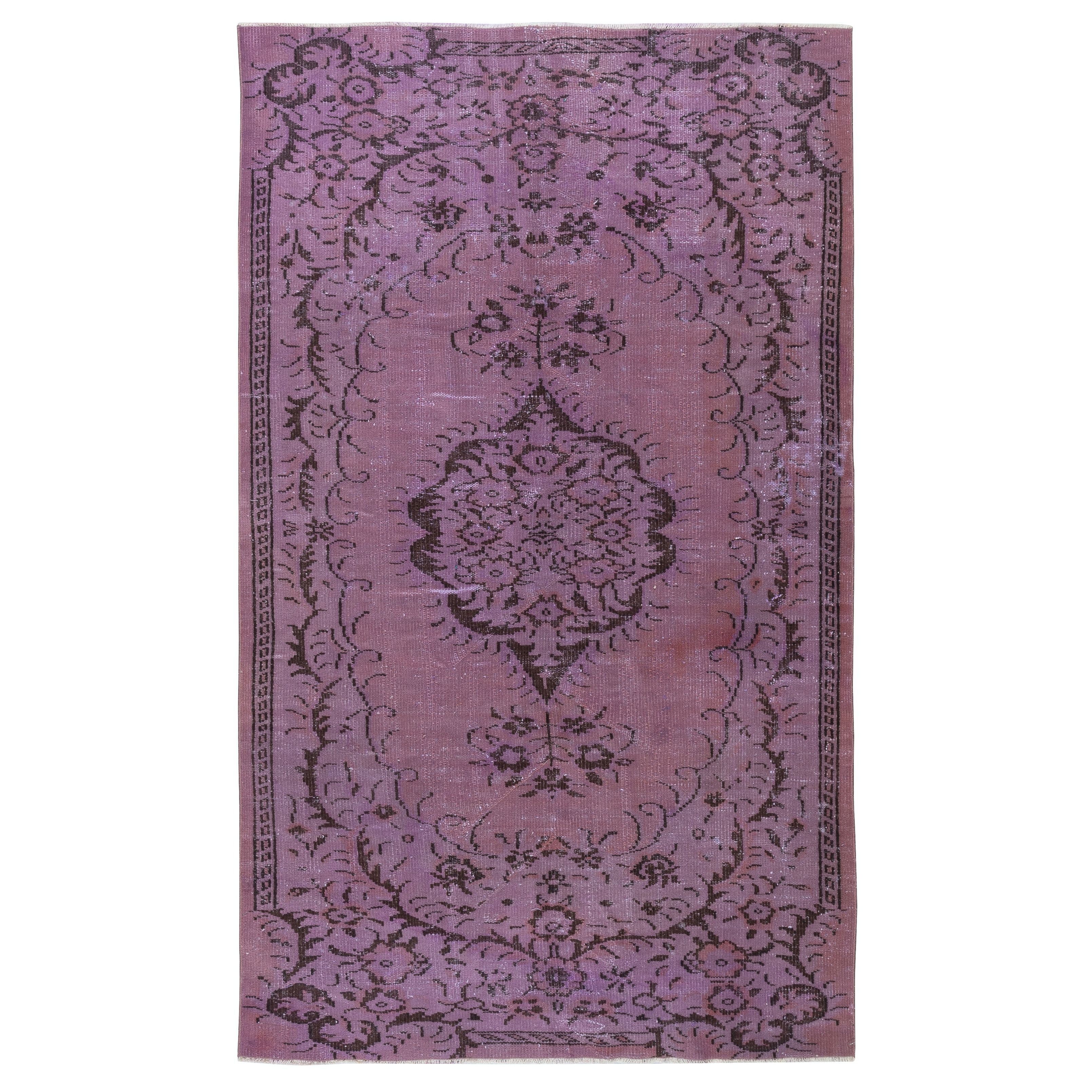 5x8.5 Ft Vintage Turkish Area Rug redyed in Purple Color for modern interiors