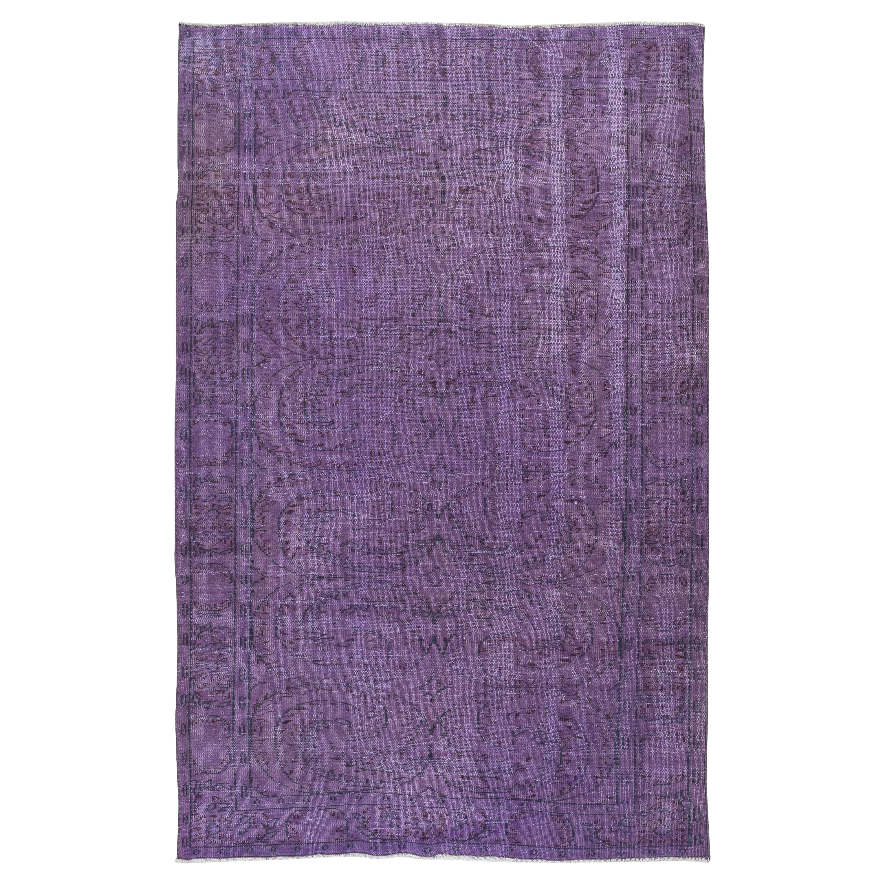 6x9.4 Ft Vintage Turkish Area Rug redyed in Purple Color for modern interiors