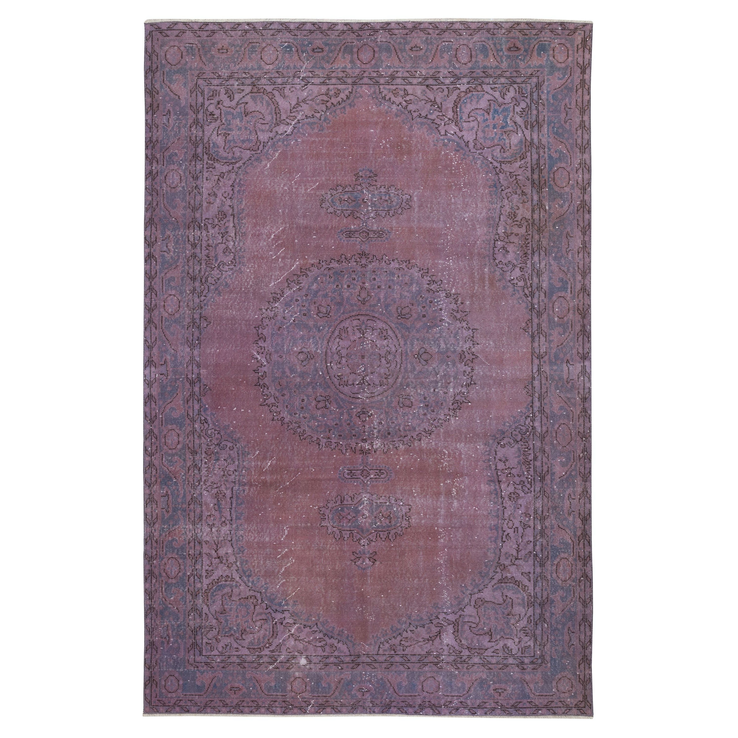 6.8x10.4 Ft Vintage Turkish Area Rug redyed in Purple Color for modern interiors