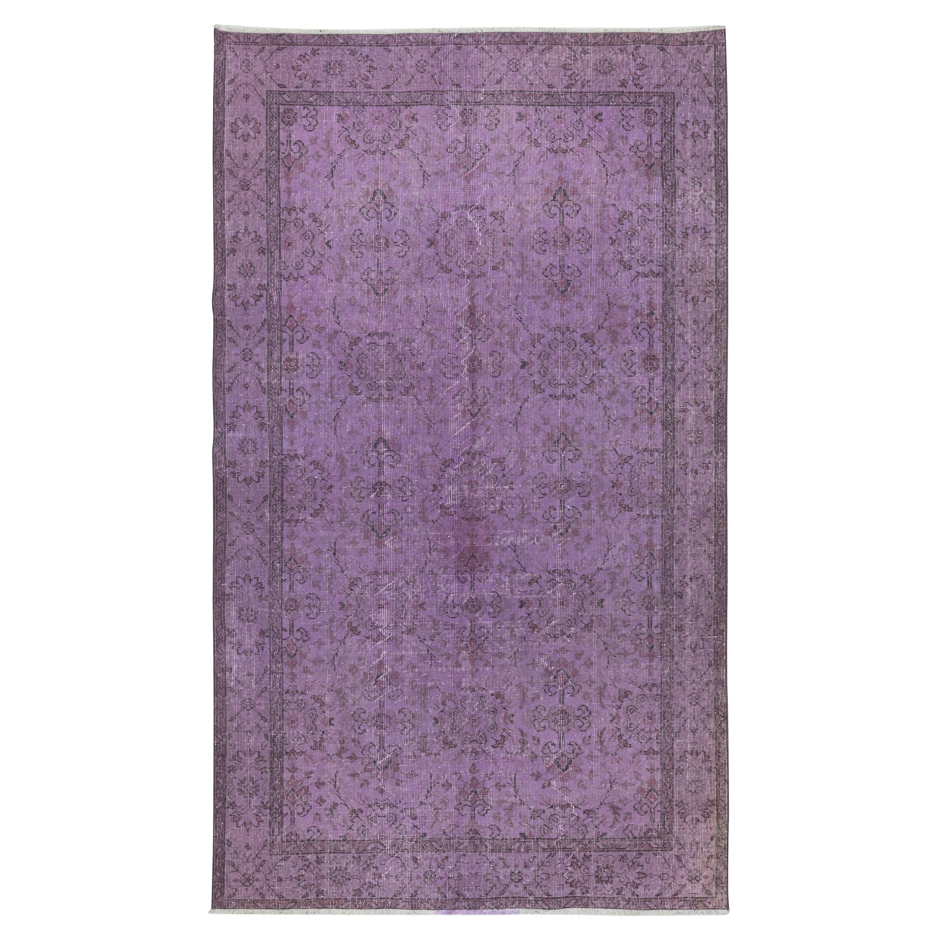 Tappeto a motivi floreali di colore viola 5.2x9 Ft, tappeto da pavimento turco fatto a mano