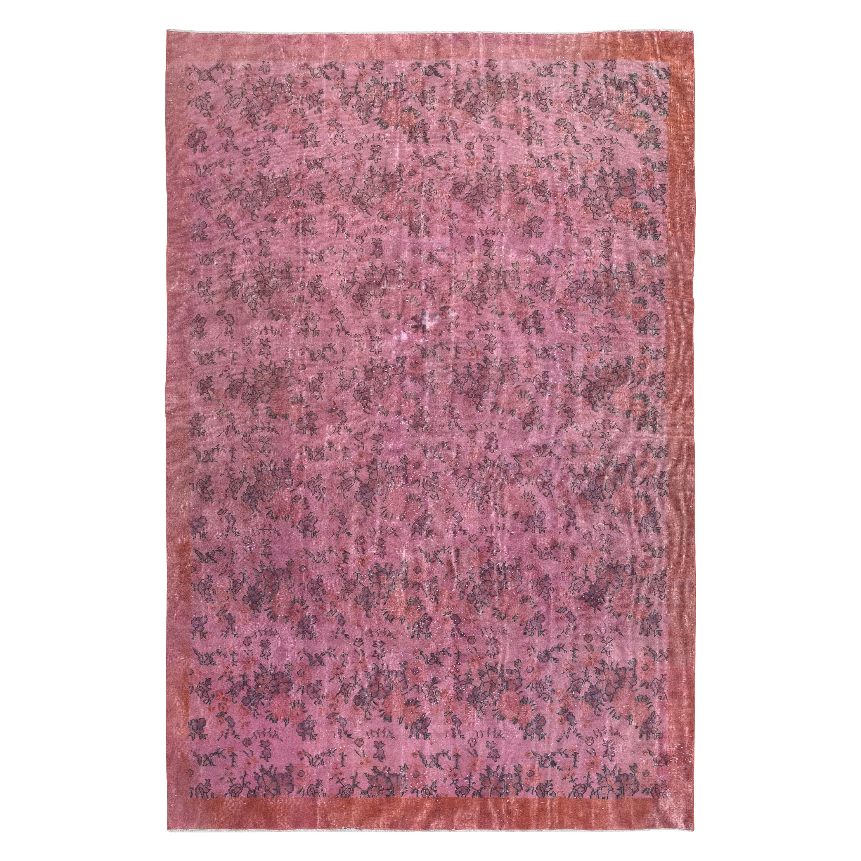 6.8x10 Ft Modern Handmade Turkish Rug with Floral Design and Pink Solid Border