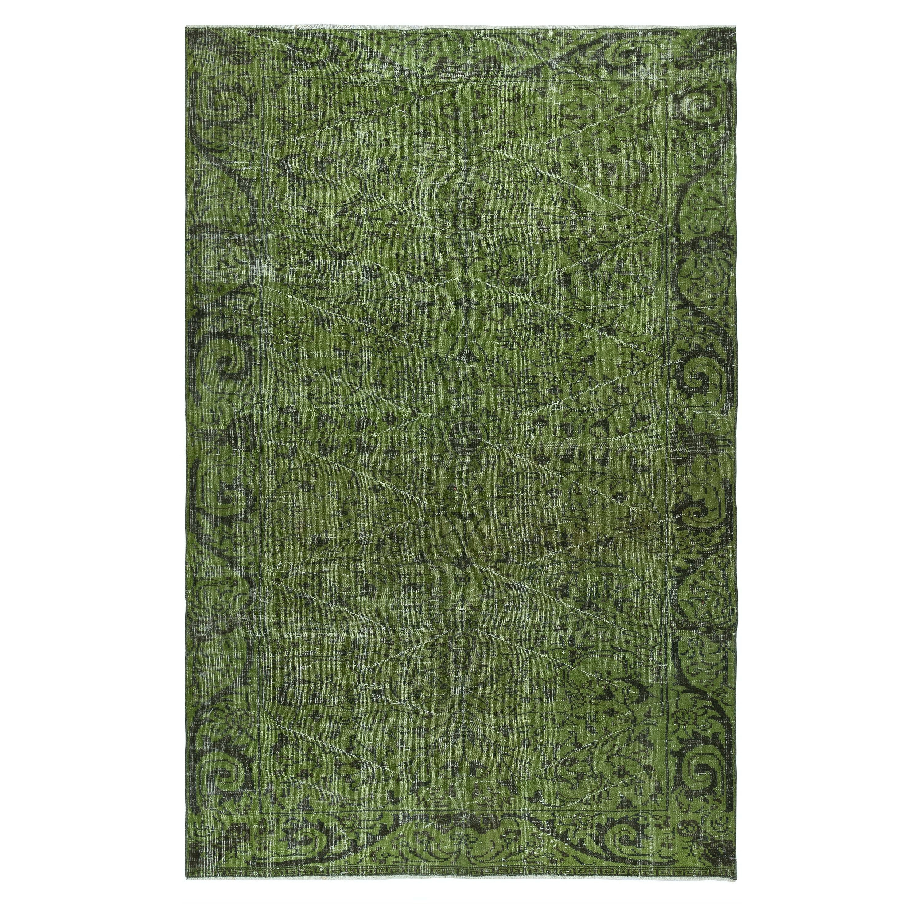 5.6x8.6 Ft Vintage Turkish Area Rug redyed in Green Color for modern interiors