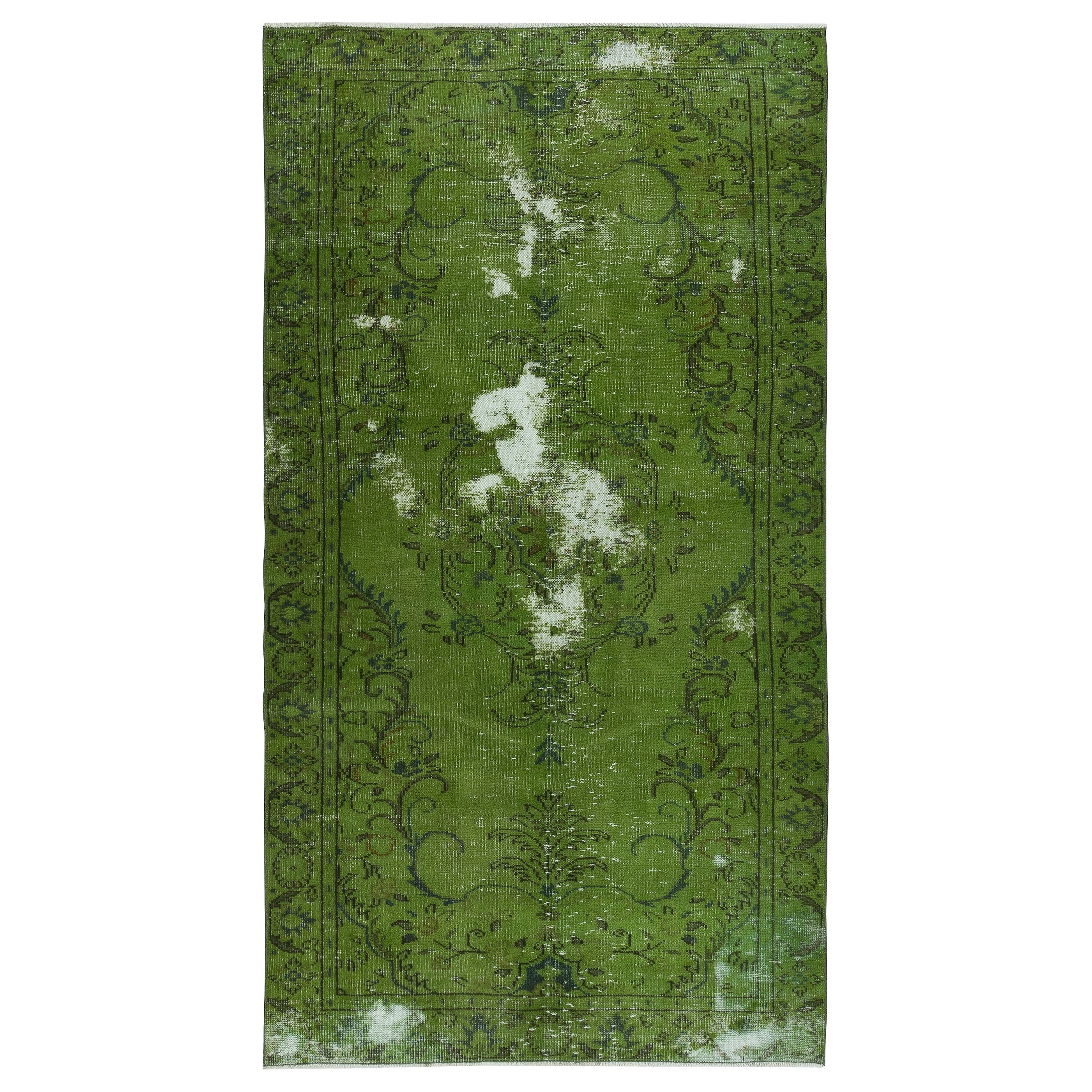 4.7x8.6 Ft Shabby Chic Handmade Area Rug. Grün Farbe. Gebeizter Bodenbelag