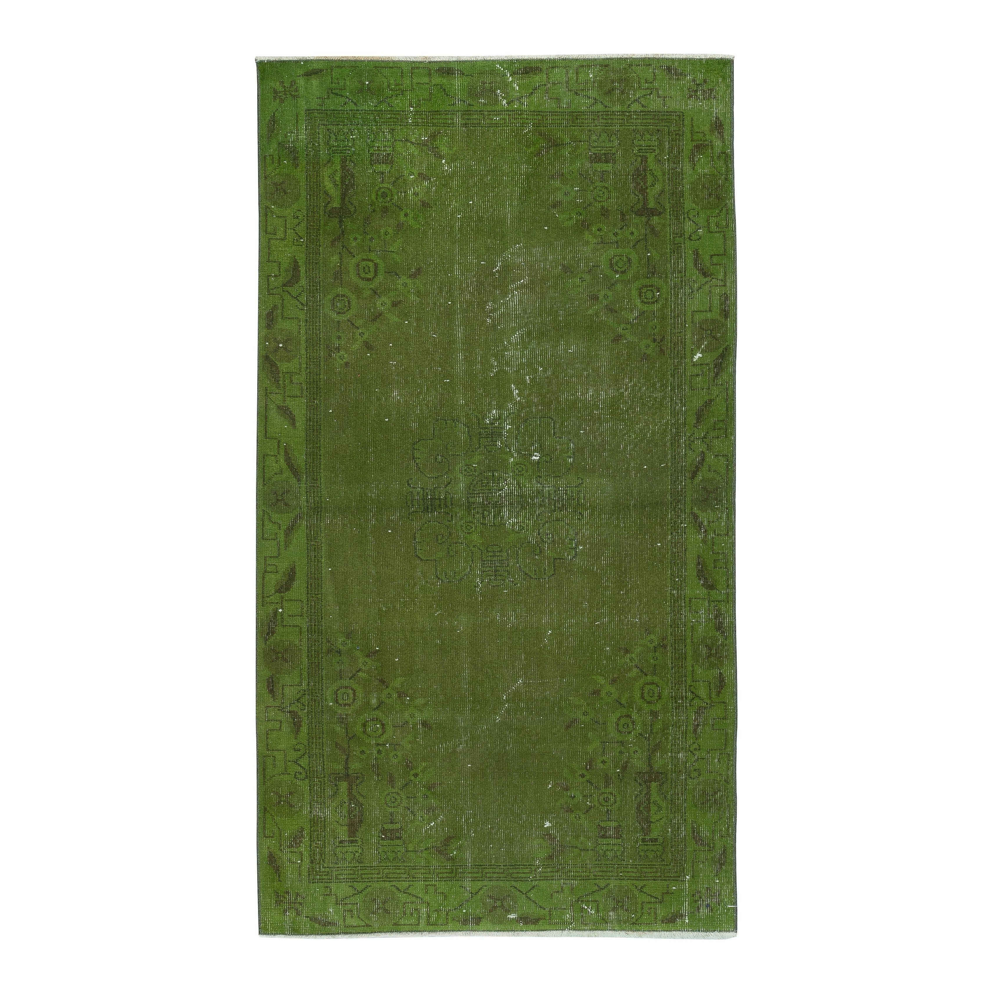 3.5x6.4 Ft Vintage Turkish Area Rug redyed in Green Color for modern interiors