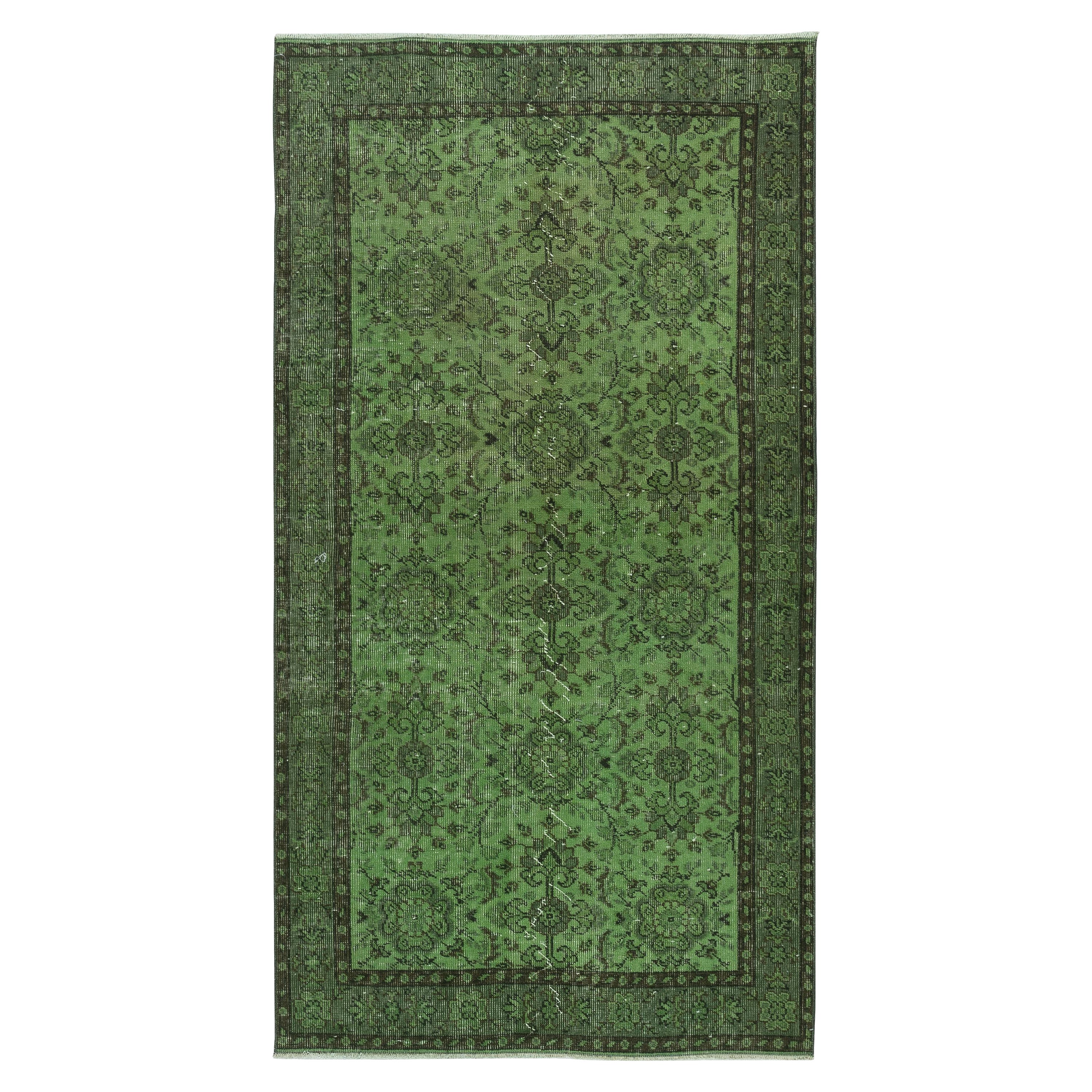 3.7x7 Ft Vintage Turkish Area Rug redyed in Green Color for modern interiors