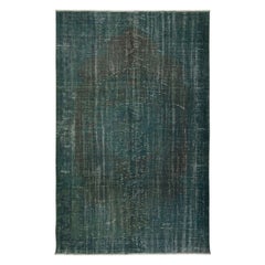 Vintage 5.6x9 Ft Handmade Dark Green Color Turkish Wool Area Rug for Modern Interiors