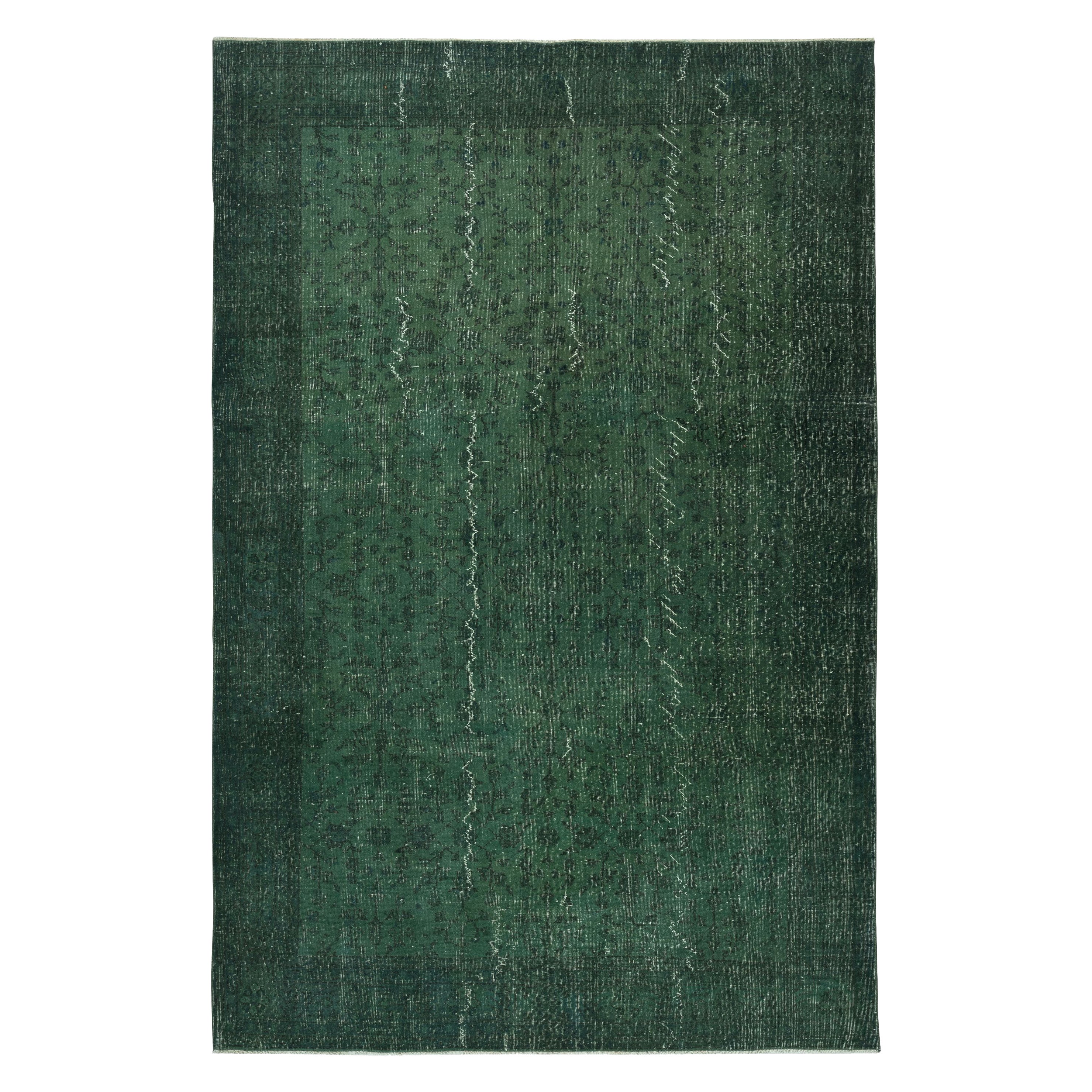 7x10.5 Ft Dark Green Color Wool Area Rug for Modern Interior, Handmade in Turkey