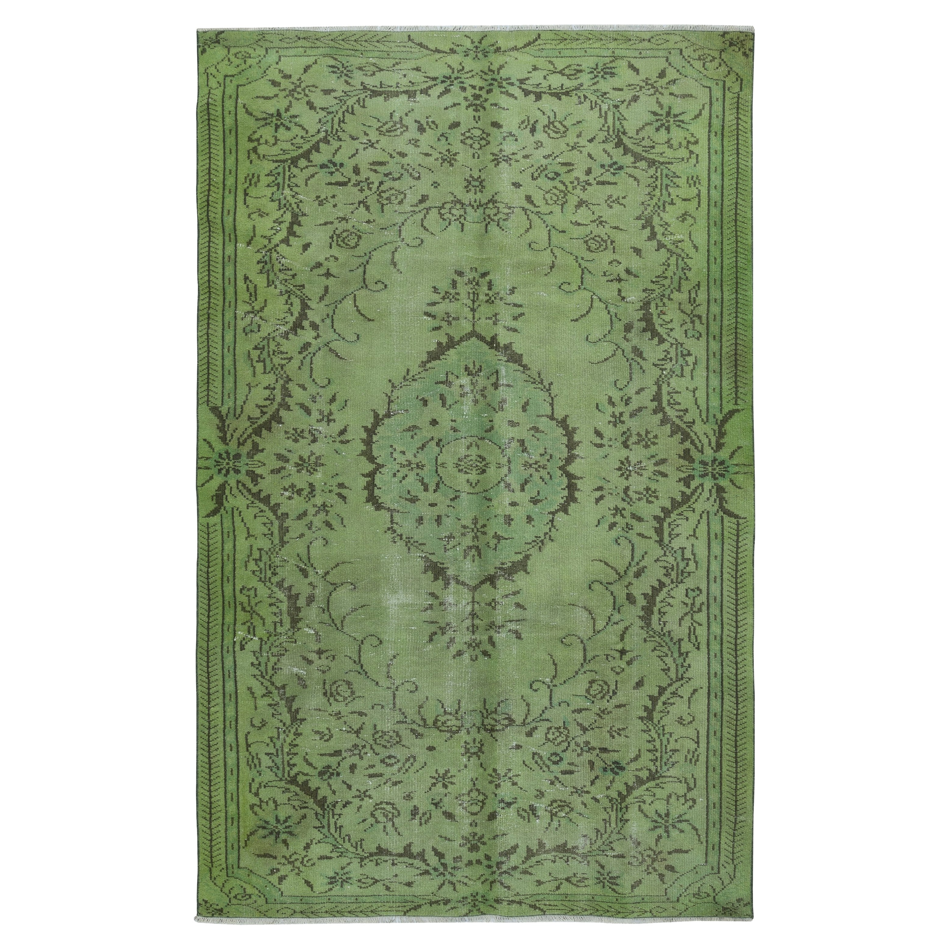 5.8x9.3 Ft Modern Wool Area Rug. Handmade in Turkey. Green Color Living Room Rug