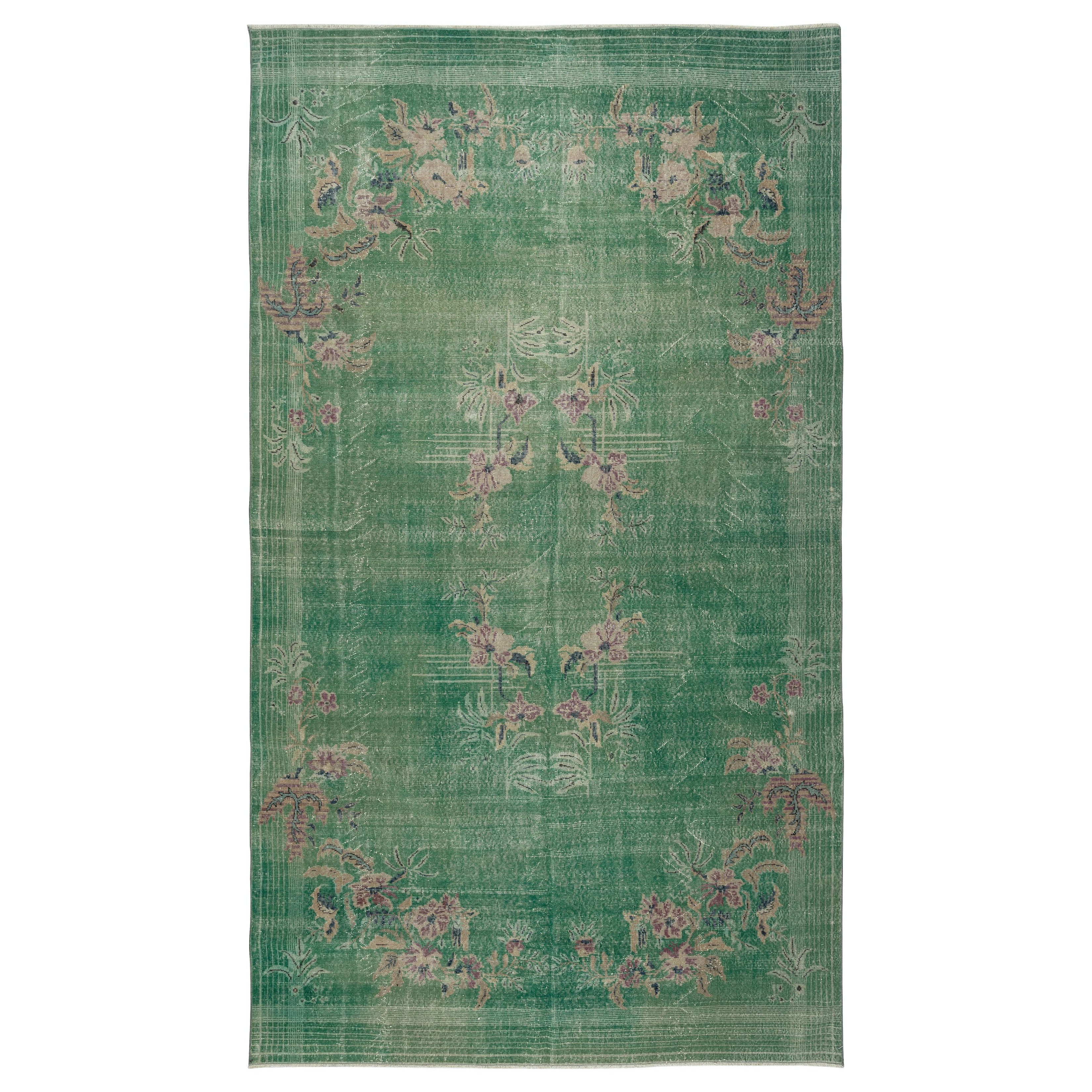 6.8x11.8 Ft Chinese Art Deco Design Handmade Wool Area Rug in Green Color (Tapis de laine fait main de couleur verte)