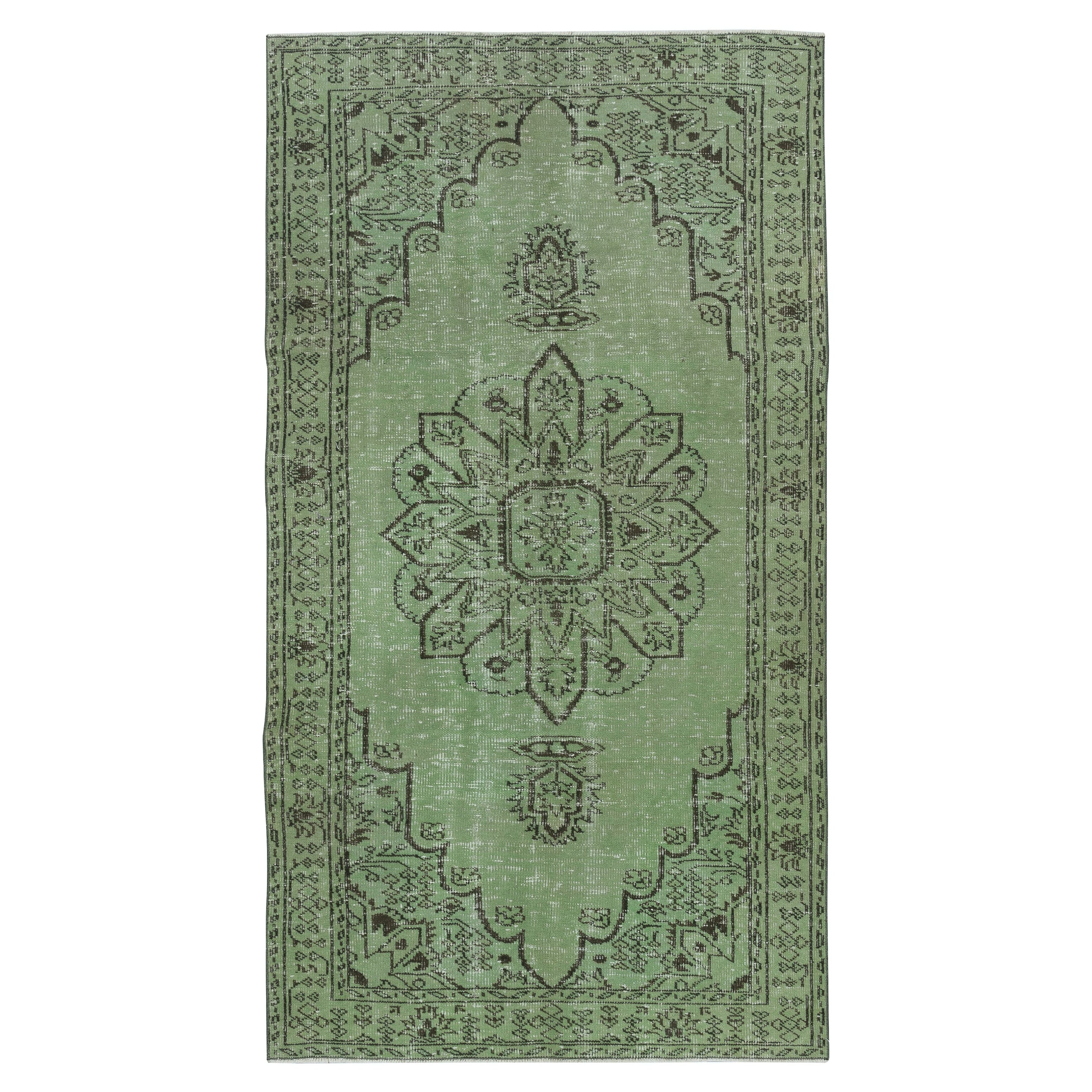 5x8.7 Ft Authentic Handmade Green Color Turkish Area Rug for Modern Interiors For Sale