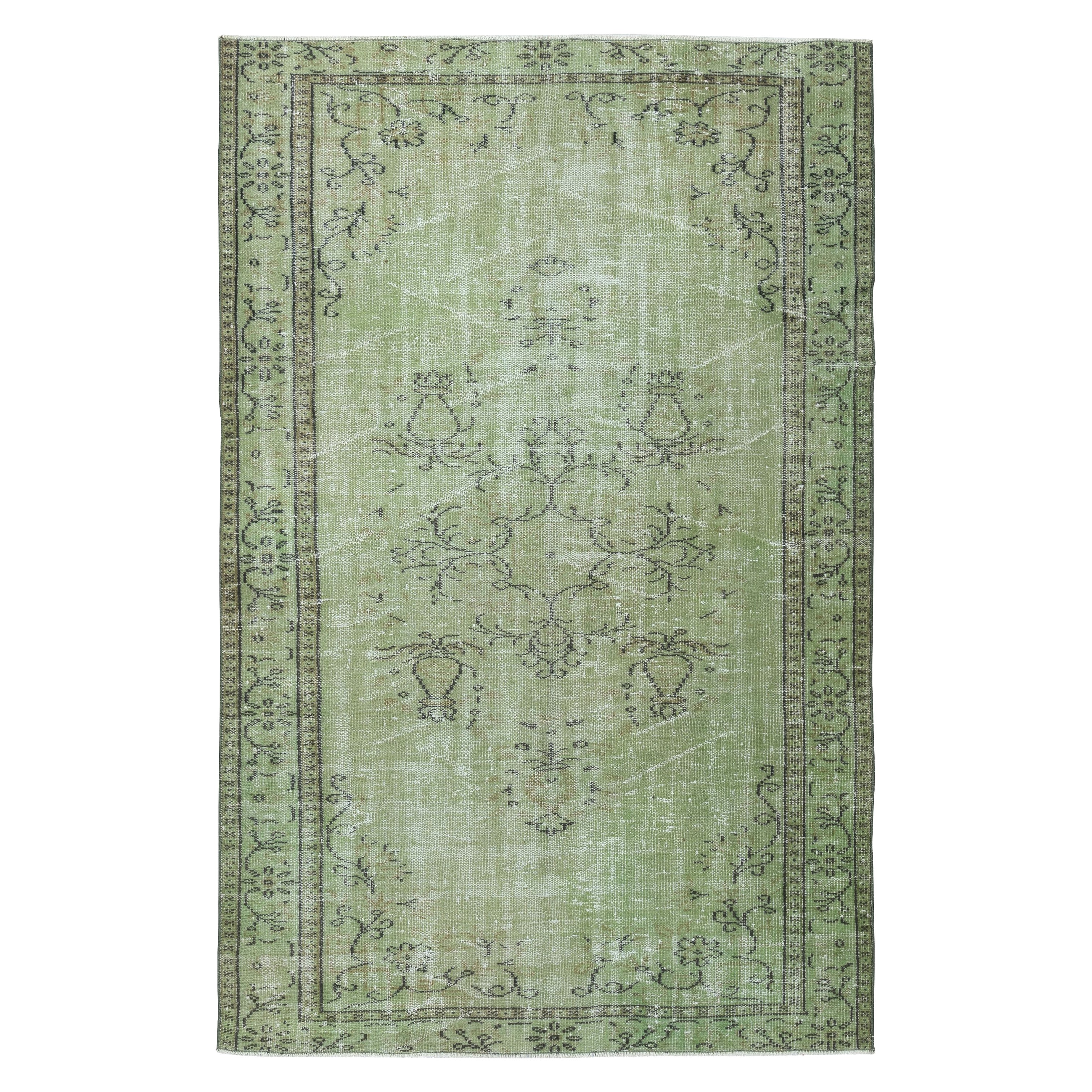 5.3x8.3 Ft Green Color Handmade Turkish Wool Area Rug for Modern Interiors