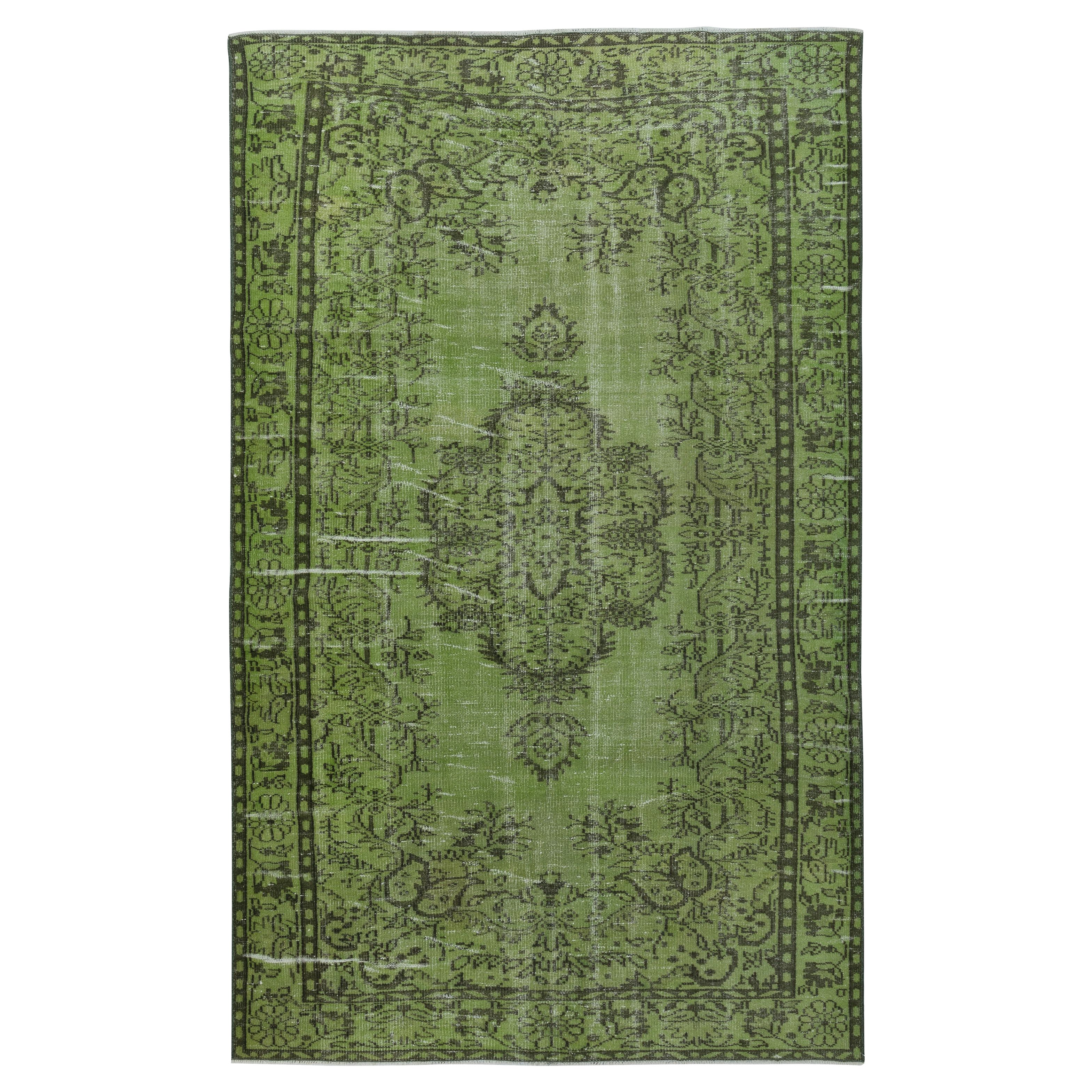 6x9.8 Ft Green Wool Area Rug for Modern Interiors. Hand-Knotted in Turkey