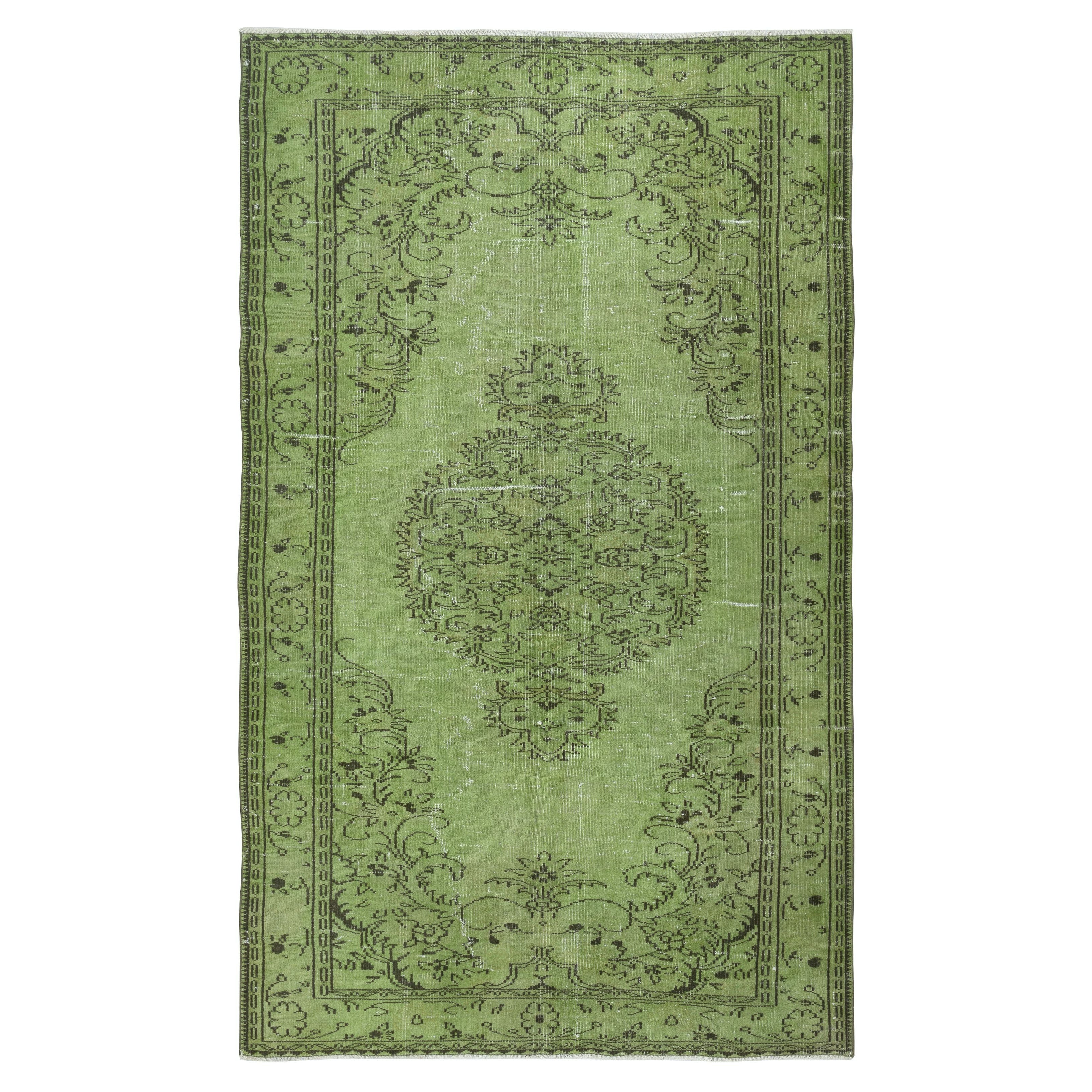 5.8x10 Ft Vintage Handmade Turkish Rug Over-Dyed in Green for Modern Interiors