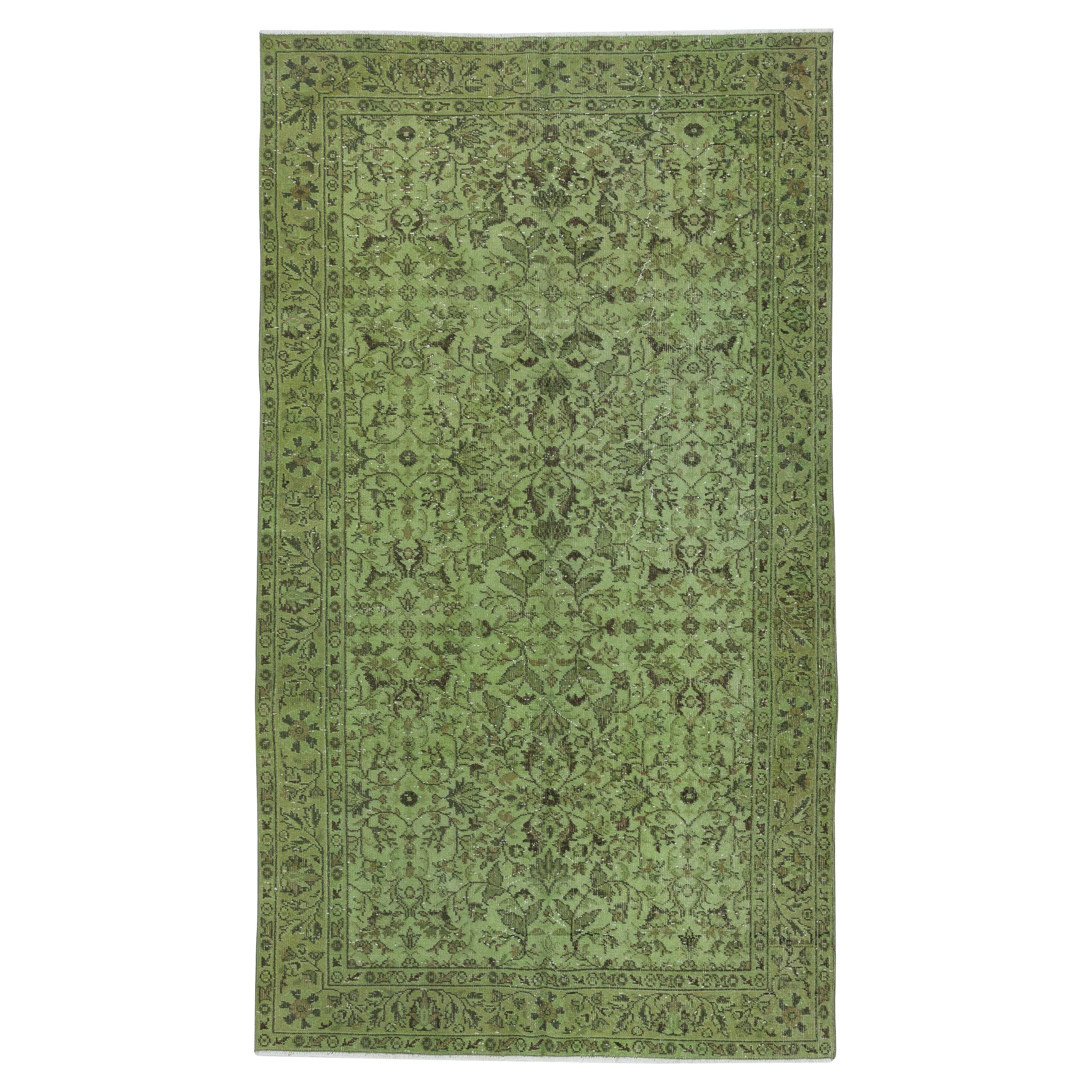 5.2x9.3 Ft Vintage Floral Design Handmade Rug dyed in Green 4 Modern Interiors For Sale