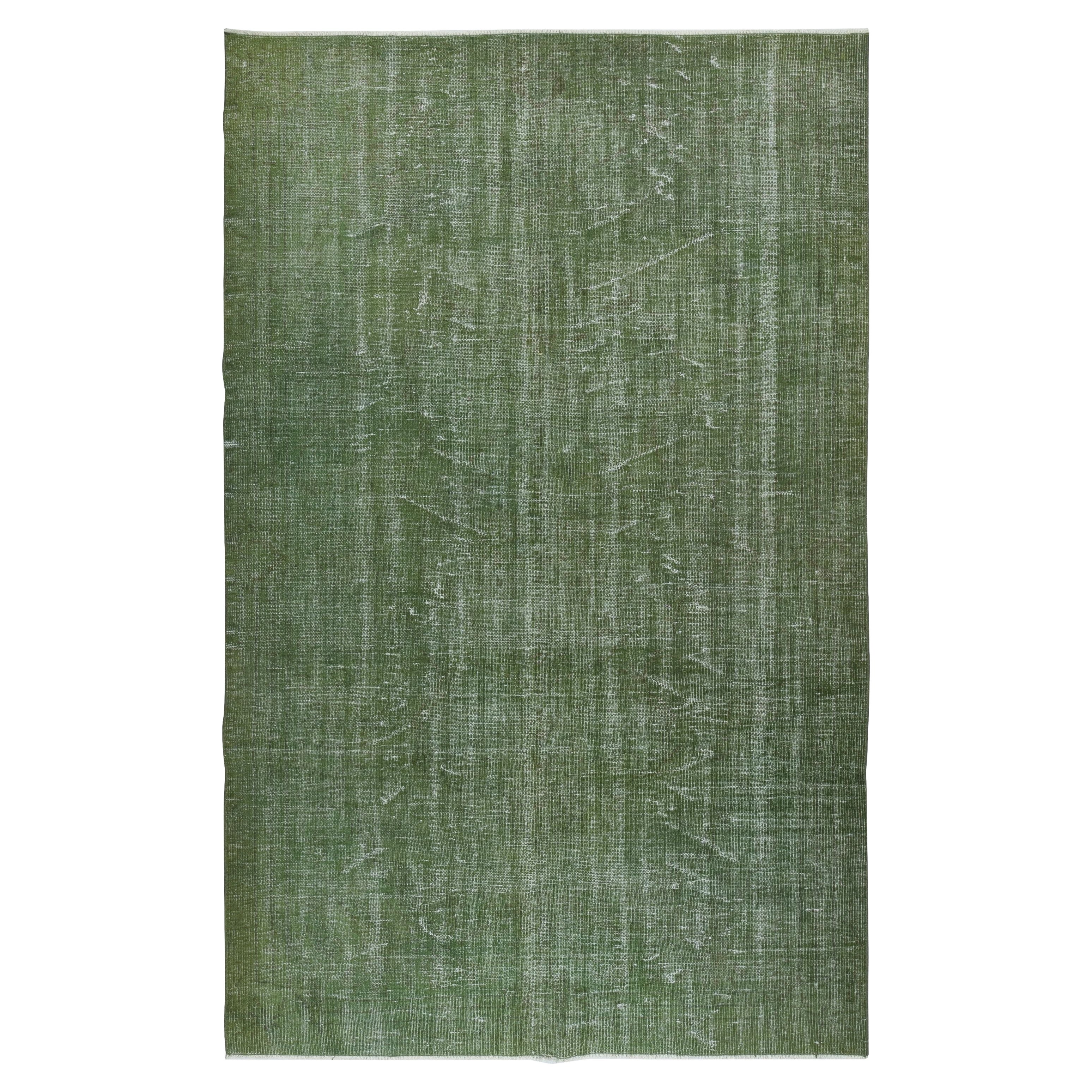 6x9.6 Ft Vintage Turkish Area Rug redyed in Green Color for modern interiors