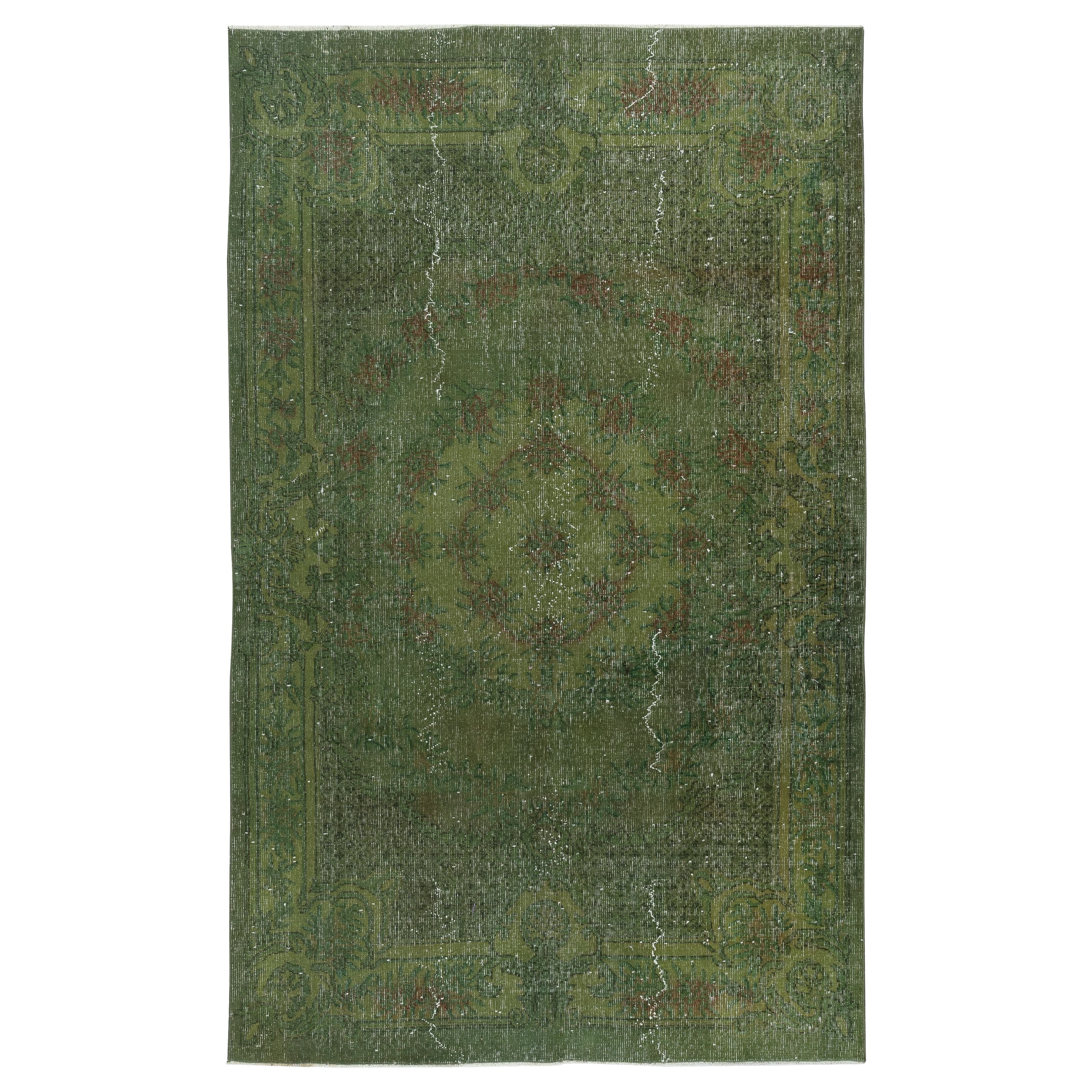 Alfombra de lana turca anudada a mano sobreteñida en verde, tamaño de la habitación 5,3 x 8,7 pies