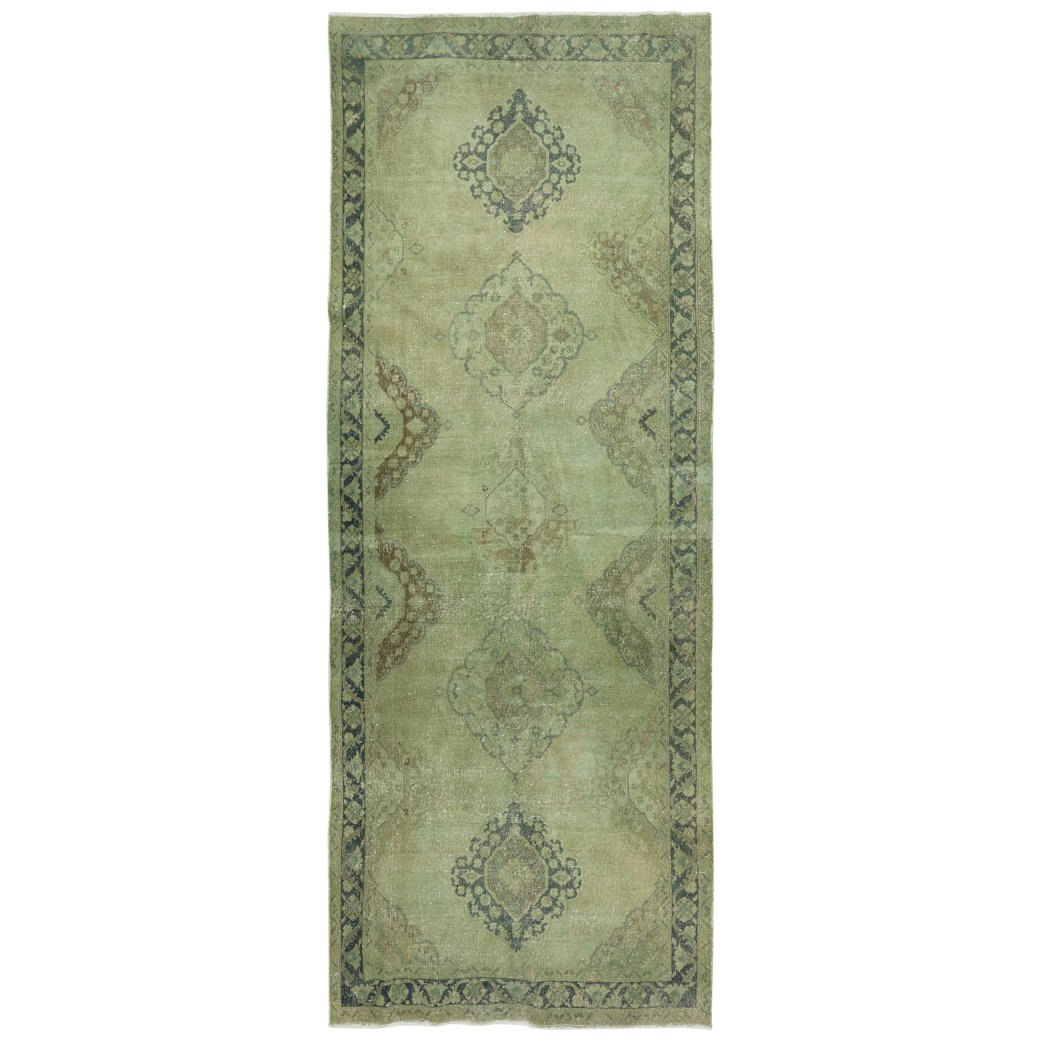 4.7x12.3 Ft Green Hallway Runner. Kitchen Rug. Handmade Corridor Rug. Stair Rug