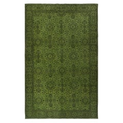 6x9.2 Ft Handgefertigter türkischer Wollteppich mit Blumenmuster und grünem Hintergrund